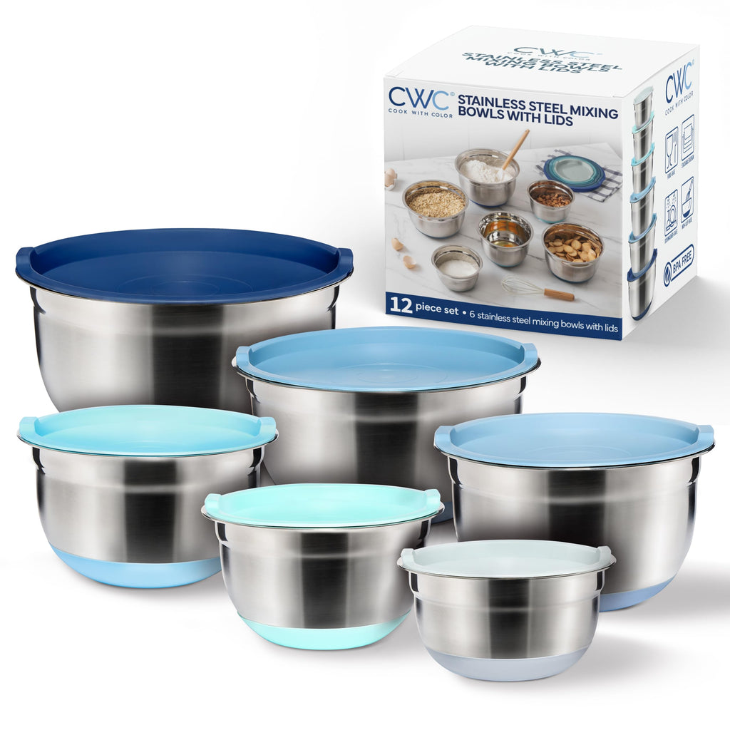 COOK WITH COLOR Stainless Steel Mixing Bowls Set with Lids - Nesting Bowls with Non-Slip Bottom, Blue, 12 Pieces