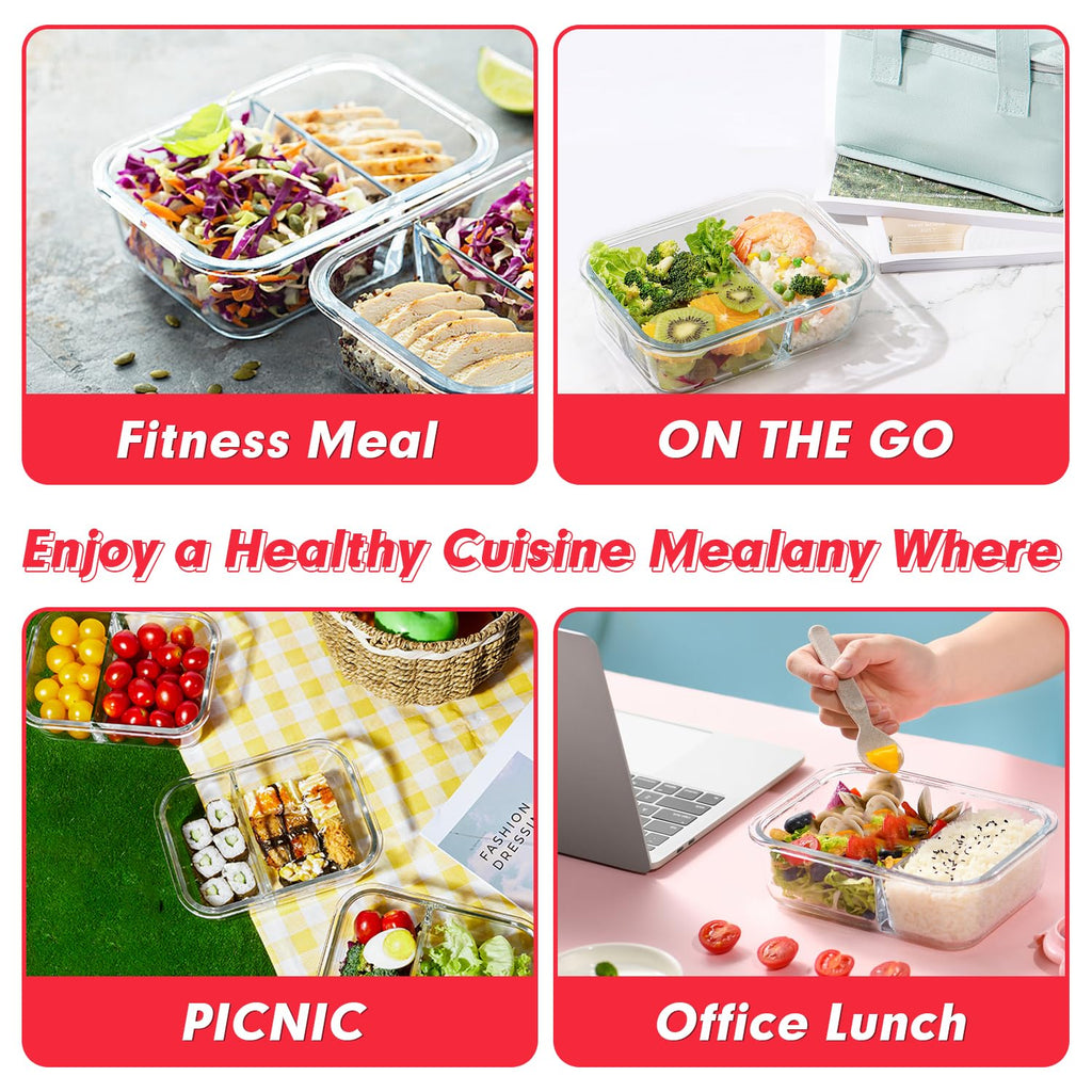 VERONES 10 PACK 30 OZ Glass Meal Prep Containers 2 Compartment Set, Red