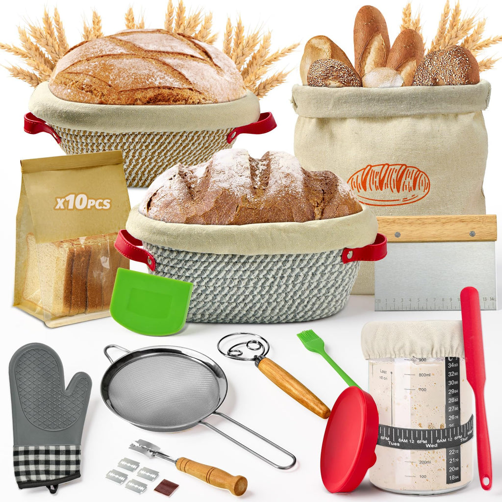 HASHMUST 33 Pcs Sourdough Starter Kit, Sourdough Bread Baking Supplies, 9'' Round & 10" Oval Cotton Rope Banneton Bread Proofing Basket Kit, Beginner Friendly Bread Making Tools with Starter Jar