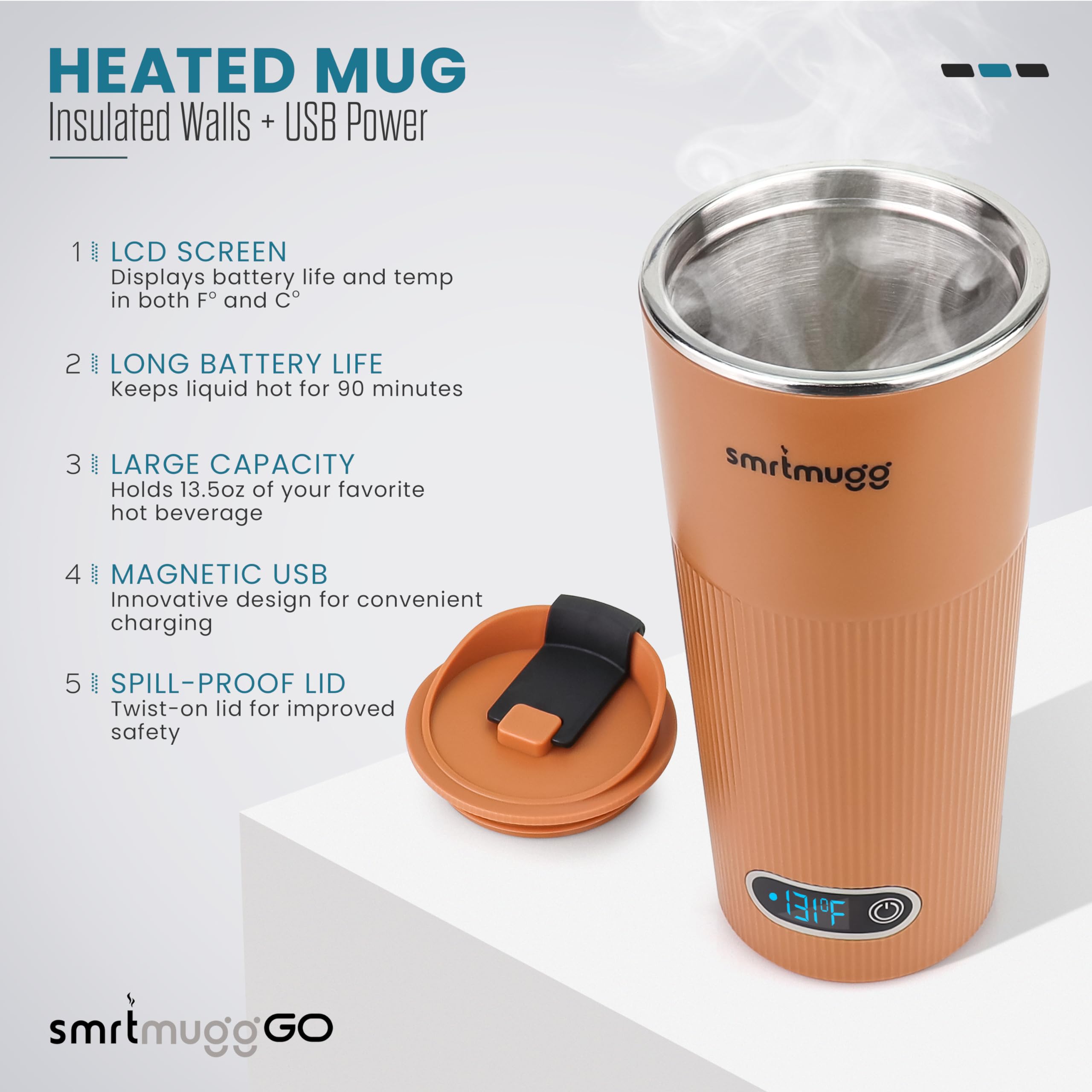 SmrtMugg GO Heated Coffee Mug, Travel Mug, 13.5 OZ. Smart Mug, Battery Powered Heated Coffee Mug, Great for Coffee and Tea, Snap on Magnetic Charging Cord, New and Improved (Pumpkin Spice)