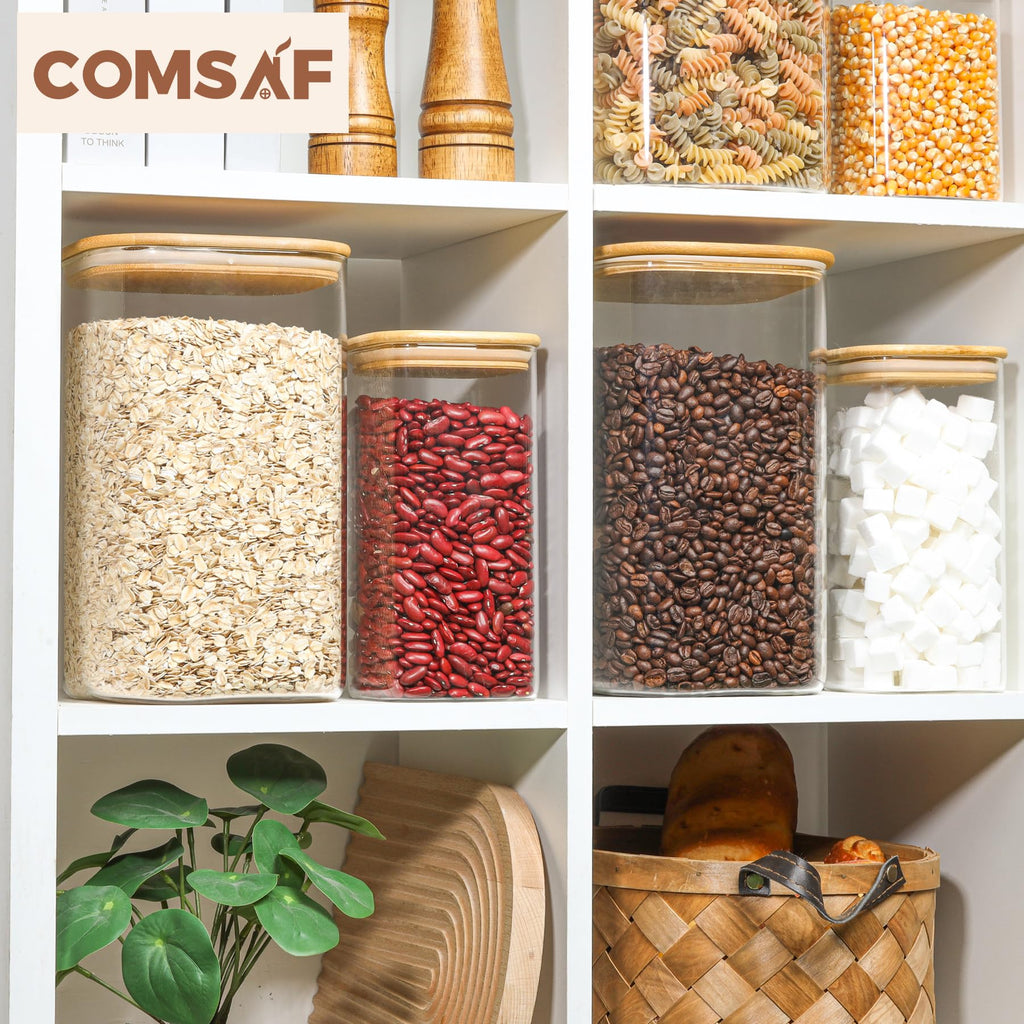 ComSaf Glass Storage Jars with Bamboo Lids 4.6 Qt Large Pantry Square