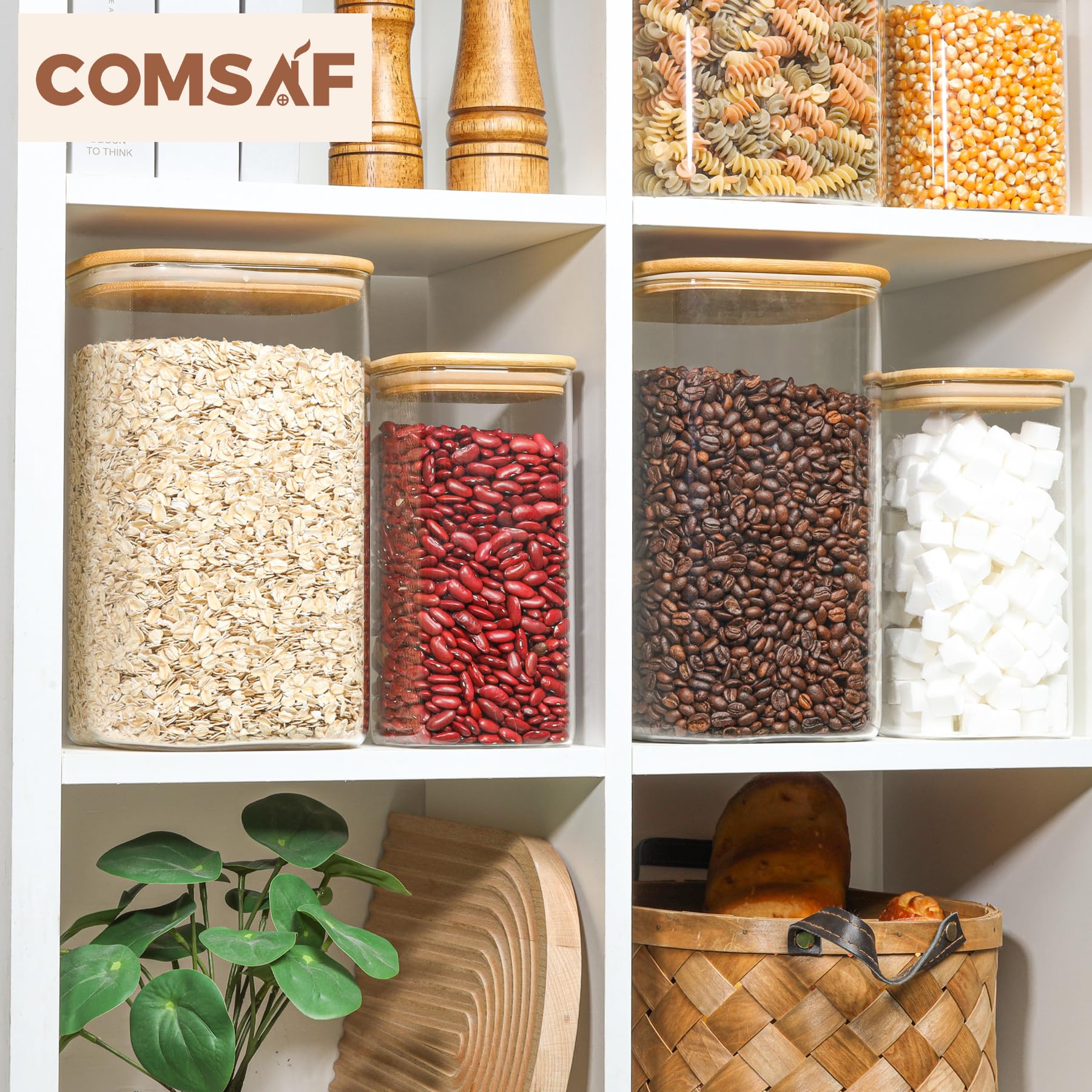 ComSaf Glass Storage Jars with Bamboo Lids 4.6 Qt Large Pantry Square