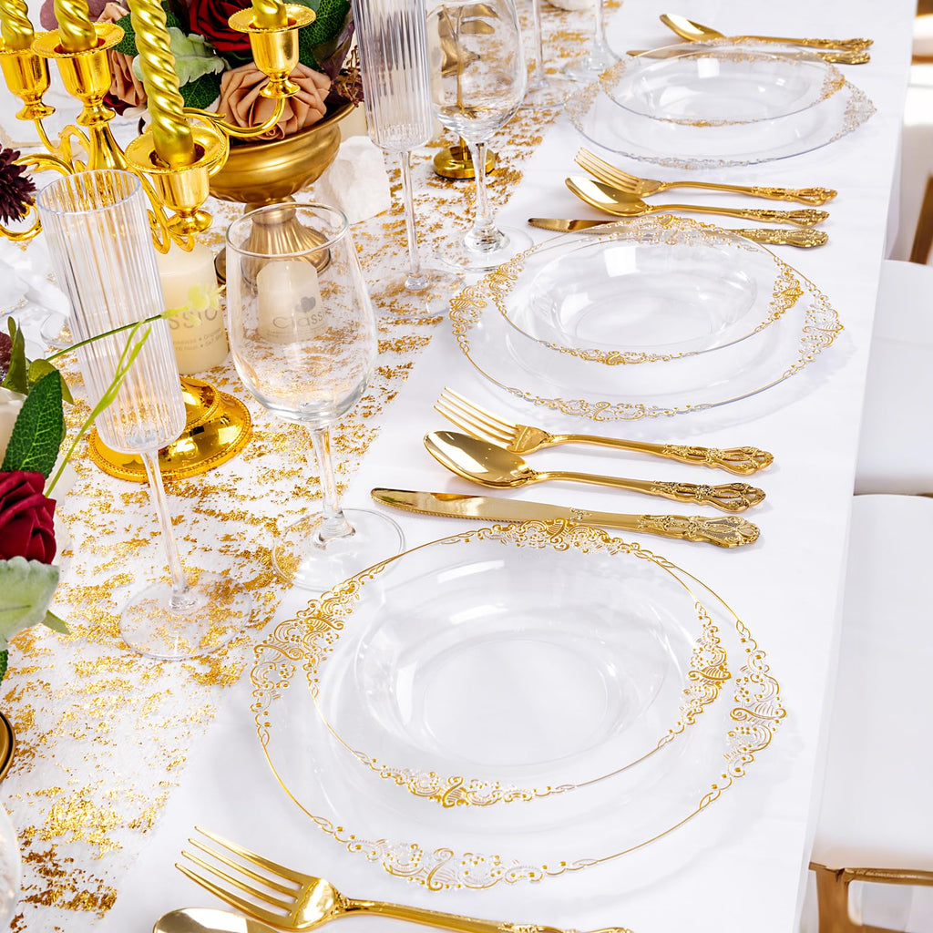 Joyido 100PCS Clear Gold Plastic Bowls - 12 oz Clear Disposable Salad Bowls - Heavy Duty Disposable Soup Bowl - Fancy Plastic Ice Cream Bowl for Weddings, Parties, Dinners, Picnics,