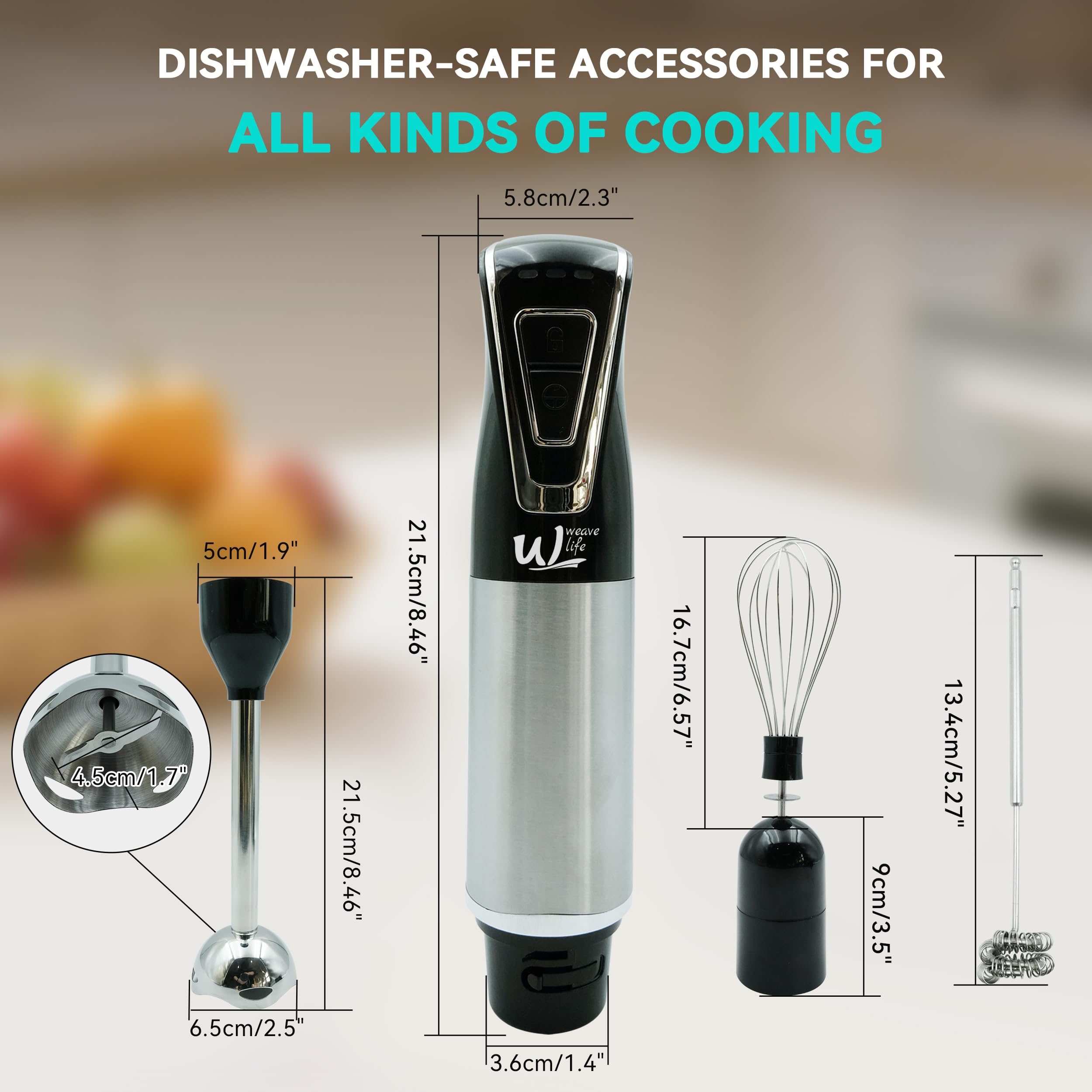 Weavelife 3-in-1 Cordless Hand Blender Set - One-Touch Control & Safety Lock, Immersion Blender with Whisk and Frother for Lattes, Desserts, Soups, Dishwasher-Safe