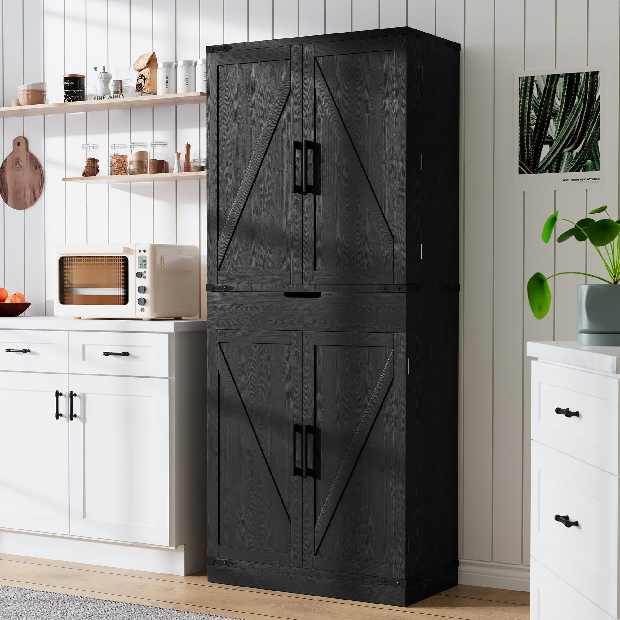 GRUSIGN 72" Tall Storage Cabinet, Kitchen Pantry Cabinet with Adjustable Shelves & Sturdy Steel Frame, Farmhouse Pantry Storage with 4 Barn Doors for Kitchen, Dining Room, and Living Room, Black