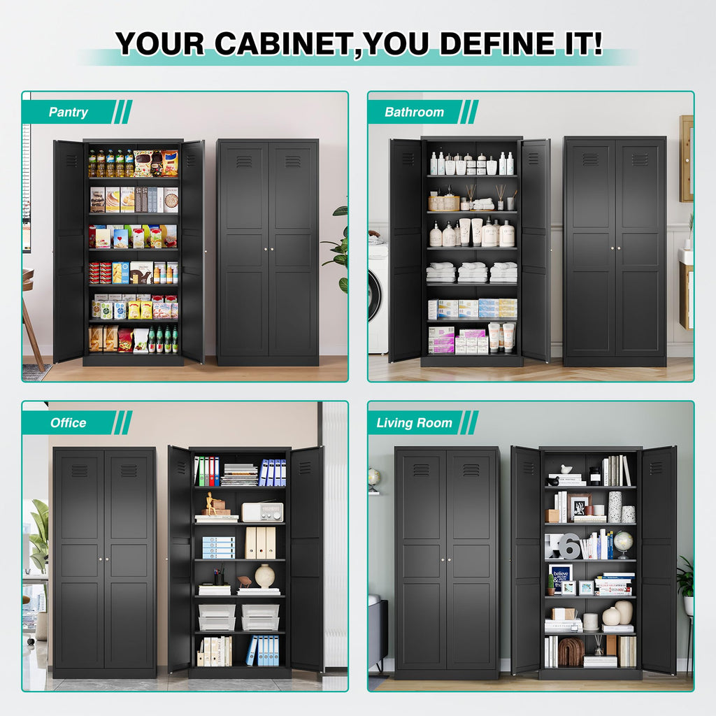 SISESOL Black Storage Cabinet,71" Tall Pantry Cabinet,Kitchen Pantry Storage Cabinets with 2 Doors and 5 Shelves,Wide Deep Metal Food Cupboard for Home,Kitchen,Dining/Living Room