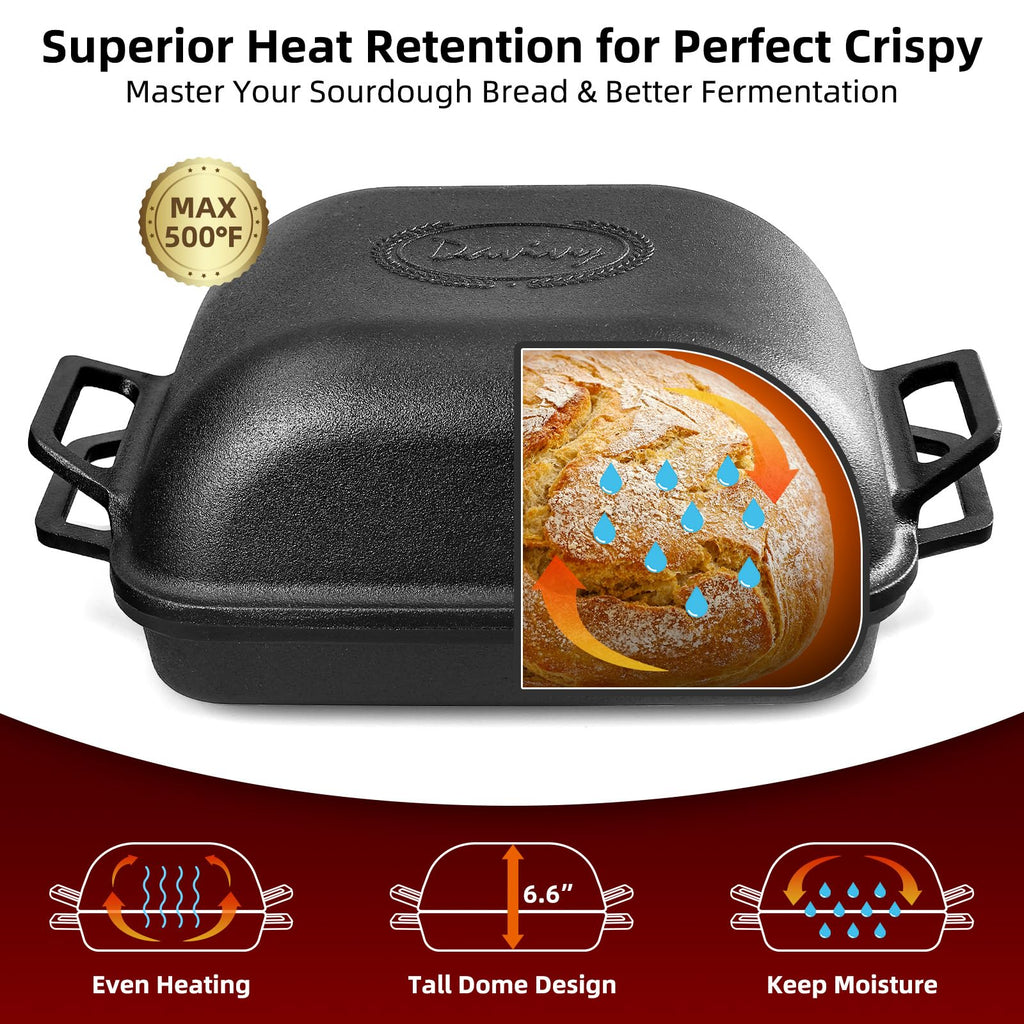 Davivy 9QT Large Dutch Oven for Sourdough Bread with Silicone Baking Mat, 12.3" x 9.2", Non-stick Cast Iron Sourdough Loaf Pan, Cast Iron Sourdough Baking Pan Large Capacity, Matte Black