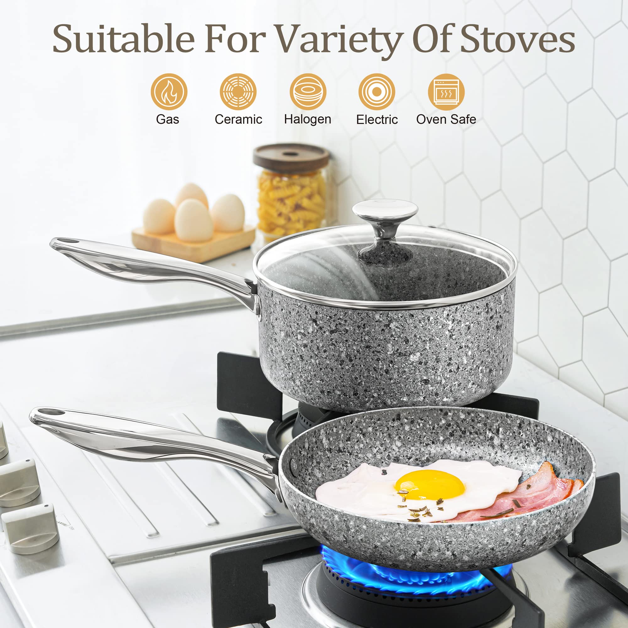 MICHELANGELO Granite Frying Pan with Lid, Nonstick 12 Inch Frying Pan with Non toxic Granite Coating, Induction Compatible