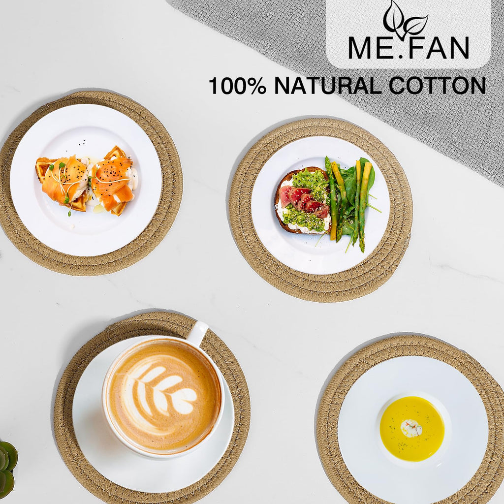 ME.FAN 7 Inch Trivets/Potholders 4 Set Cotton Thread Weave Trivets for Pots and Pans - Large Coasters/Hot Pads to Protect Desktop & Countertop - Brown