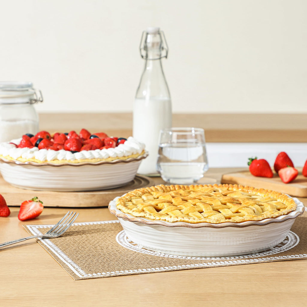 Frewinky Ceramic Pie Pan for Baking, 9 inch Pie Dish with Ruffled Edge, Nonstick Deep Pie Plate, Farmhouse Decor Quiche Tart Baking Dish for Thanksgiving, Microwave & Oven Safe, Set of 2