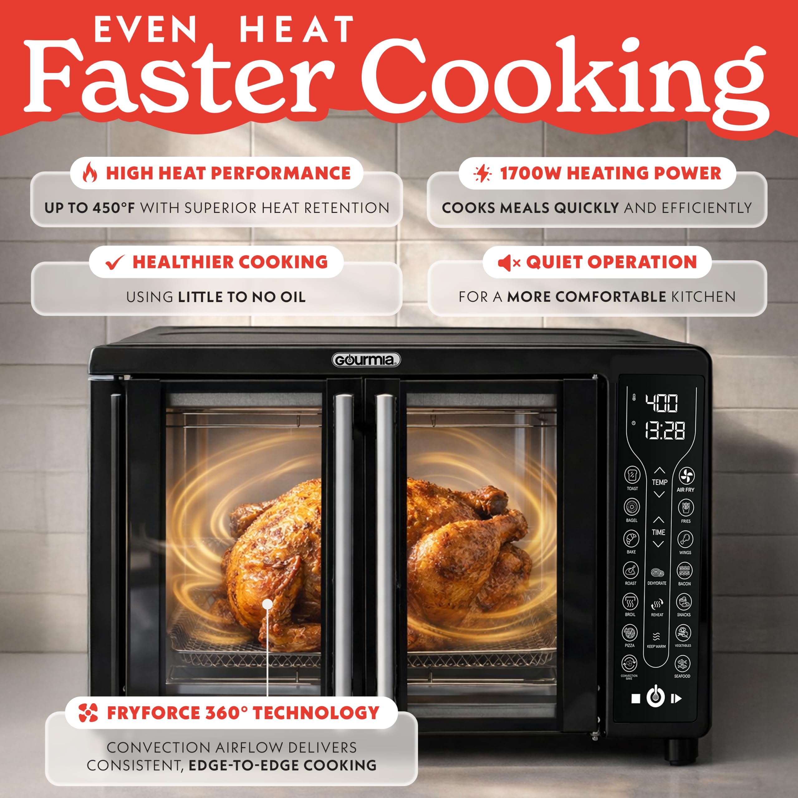 Gourmia French Door Air Fryer Toaster Oven – 6-Slice Capacity, FryForce 360°, Digital Display with 17 Cooking Presets, Black
