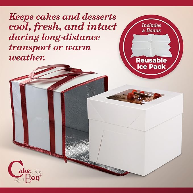 Cakebon Cake Box and Boards, 12-Inch Round Gold Smooth Edges 1/2- Inch Thick Drums with Insulated Bag and Ice Pack – Cake Transport Set, Cooler for Cake Delivery and Transport (1pc Each, 4pcs Total)