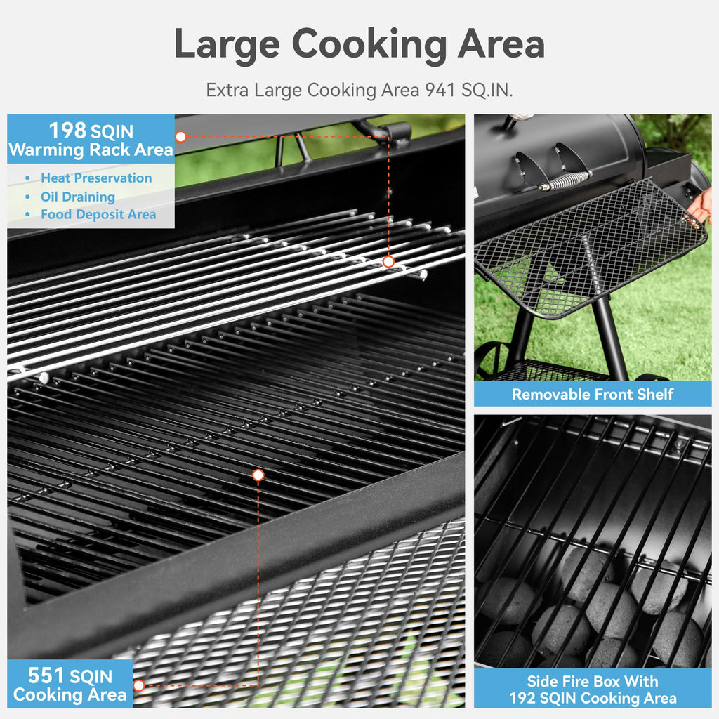 Offset Smoker Charcoal Grills with 37 Inch Cook Chamber for Outdoor Cooking