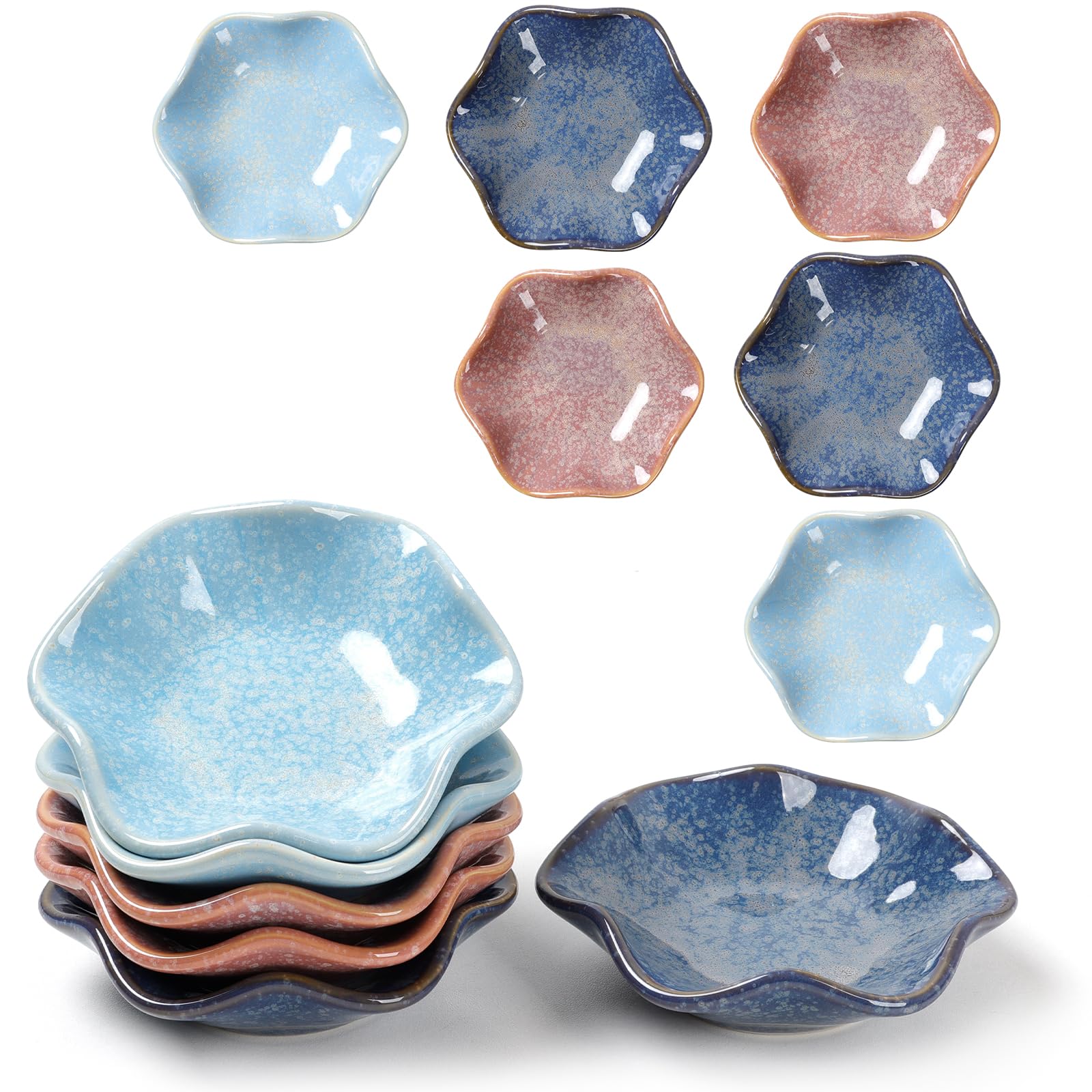 ZEBERBO Dipping Bowls Set of 6, Ceramic Soy Sauce Dishes, 2 oz Dipping Sauce Cups, chrysanthemum Round Small Side Dish Dishes for Dipping Sushi Tomato Soy Sauce Dish