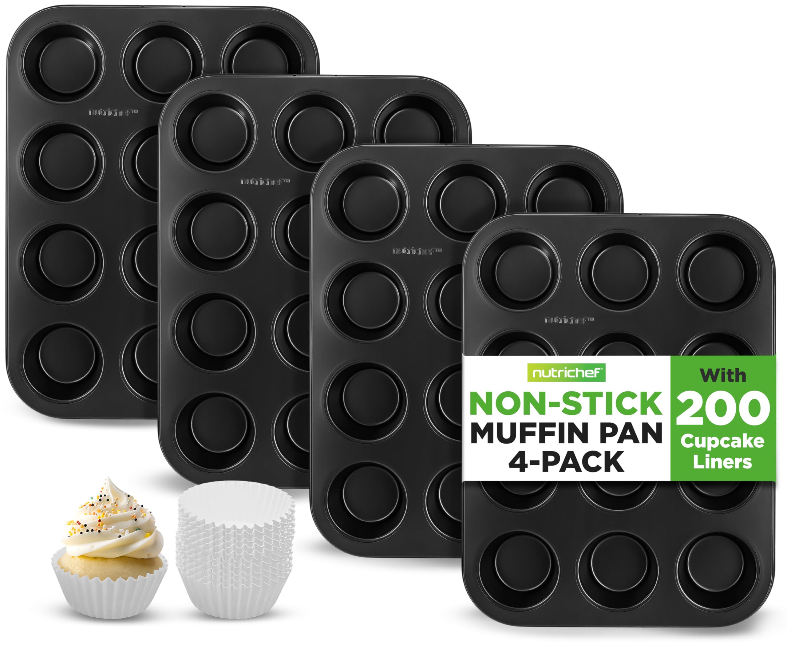 NutriChef Muffin Pans for Baking 4-Pack | Nonstick 12 Mold Cupcake Tins | Carbon Steel Stackable Cup Cake Trays | Dishwasher & Oven Safe | Includes 200 Parchment Paper Liners | 13 x 10 x 1 | Black