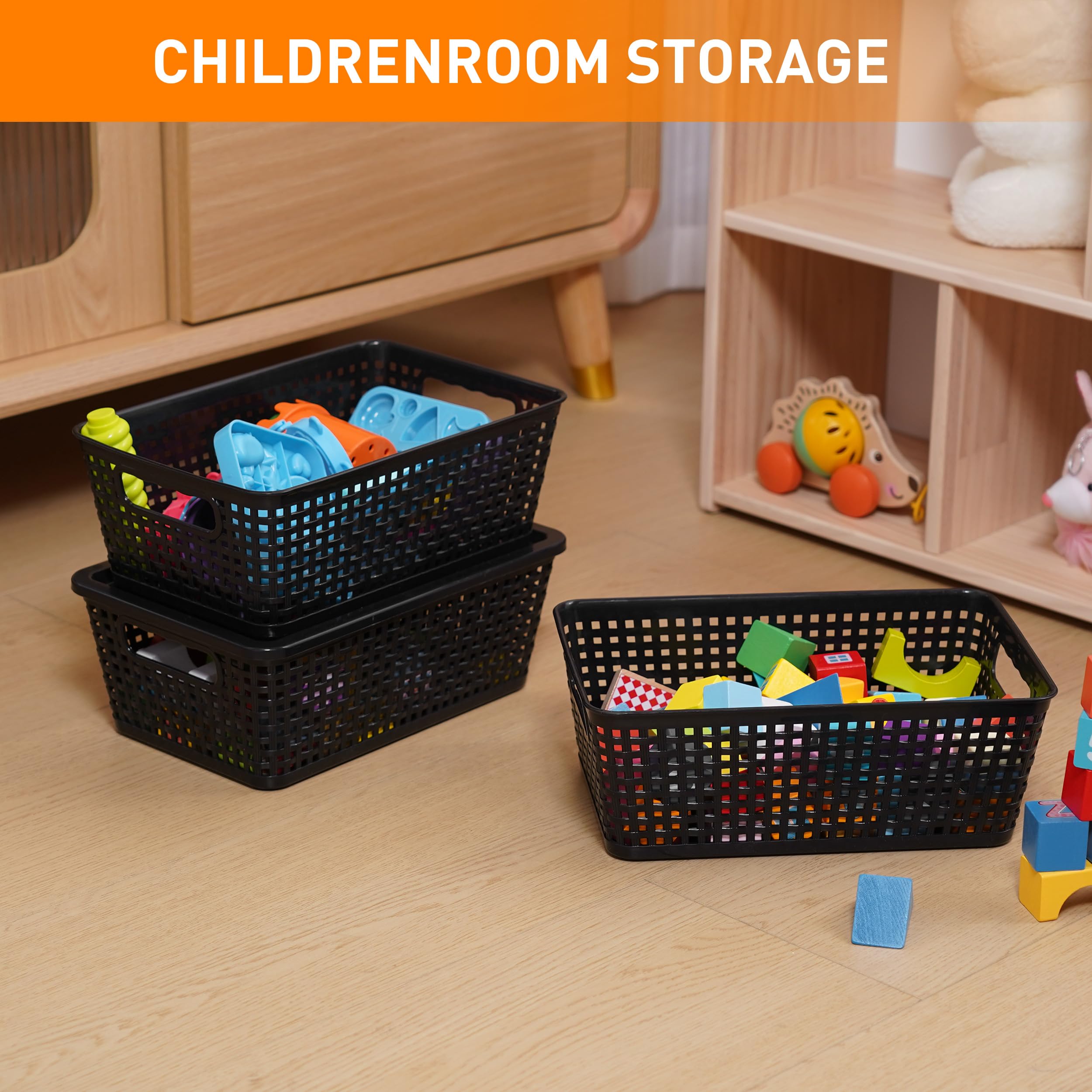 Anywish Plastic Storage Baskets With Lid, Storage Bins for Organizing, Stackable Decorative Containers for Shelves Drawers Desktop Closet Playroom Classroom Office, 8 Pack-Black