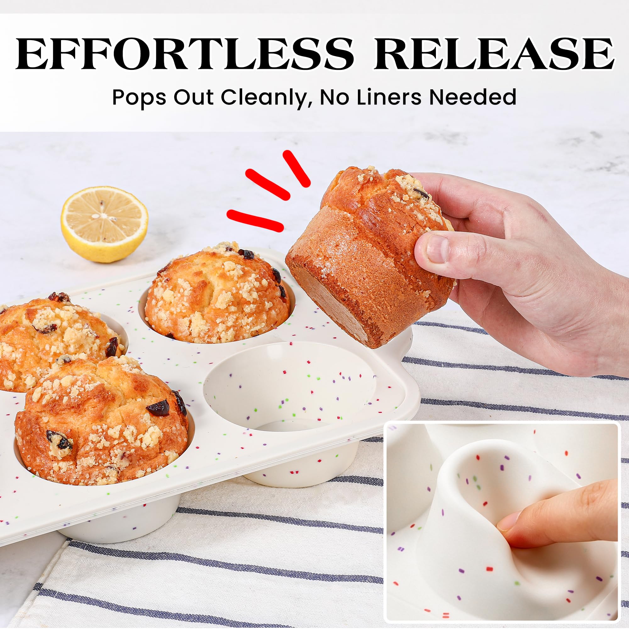 AOTASO 2 Pcs Jumbo Muffin Pan with Metal Frame Nonstick 6 Cup Extra Large Silicone Cupcake Pan for Baking, Deep Jumbo Muffin Tray for Egg Bites Muffins, Confetti Color Cream Gifts for Mom Home Baker