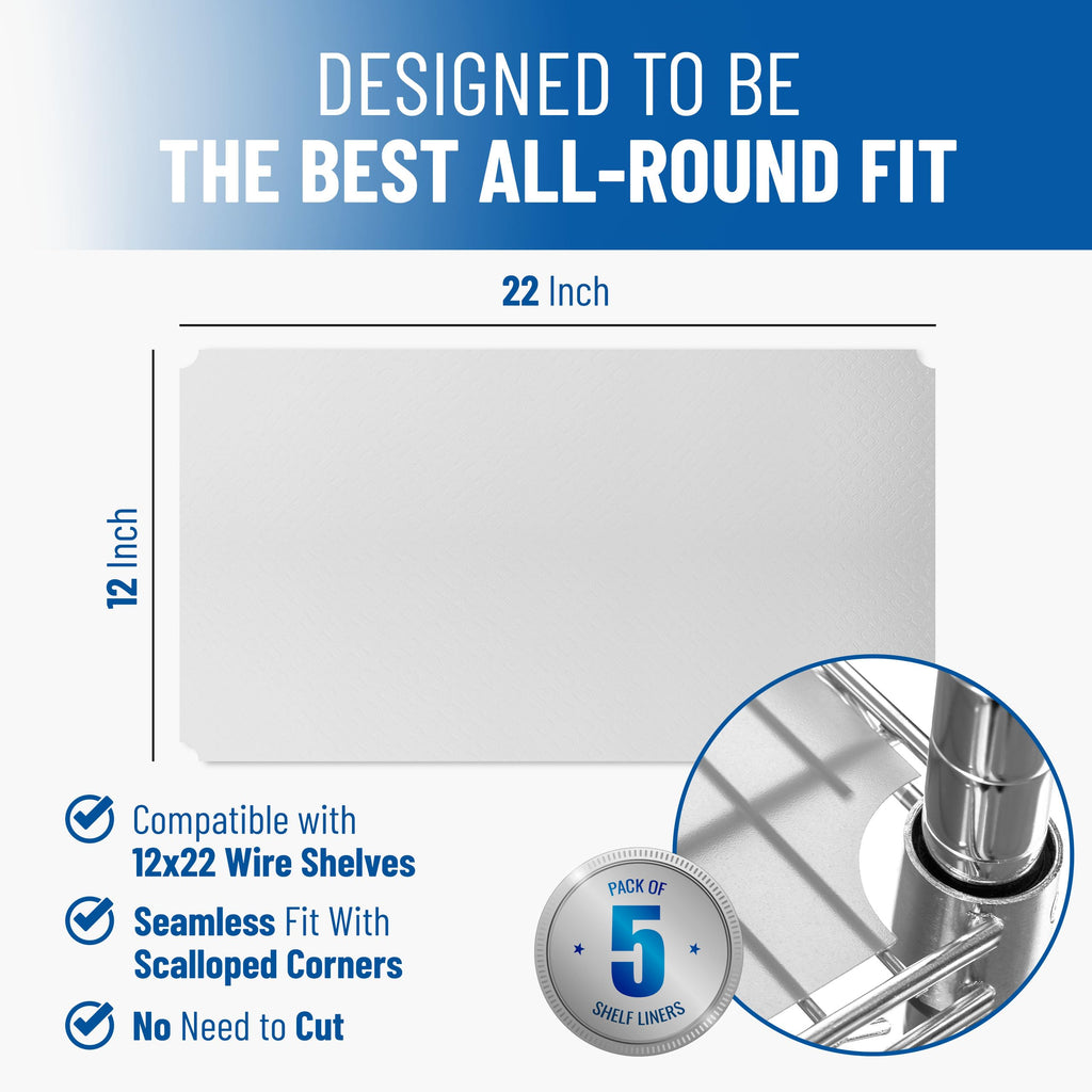Shelf Liners for Wire Shelf System - Set of 5 in Clear - 12 x 22 inch - Plastic Wire Shelving Shelf Mats