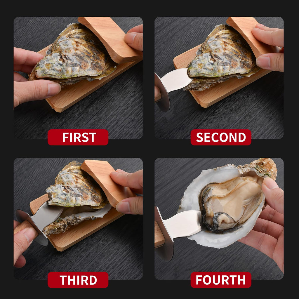 StnKitchExplor Oyster Knife Shucker Set Oyster Shucking Knife with Wooden holder Oyster Shucking Clamp Seafood Tools (Brown)