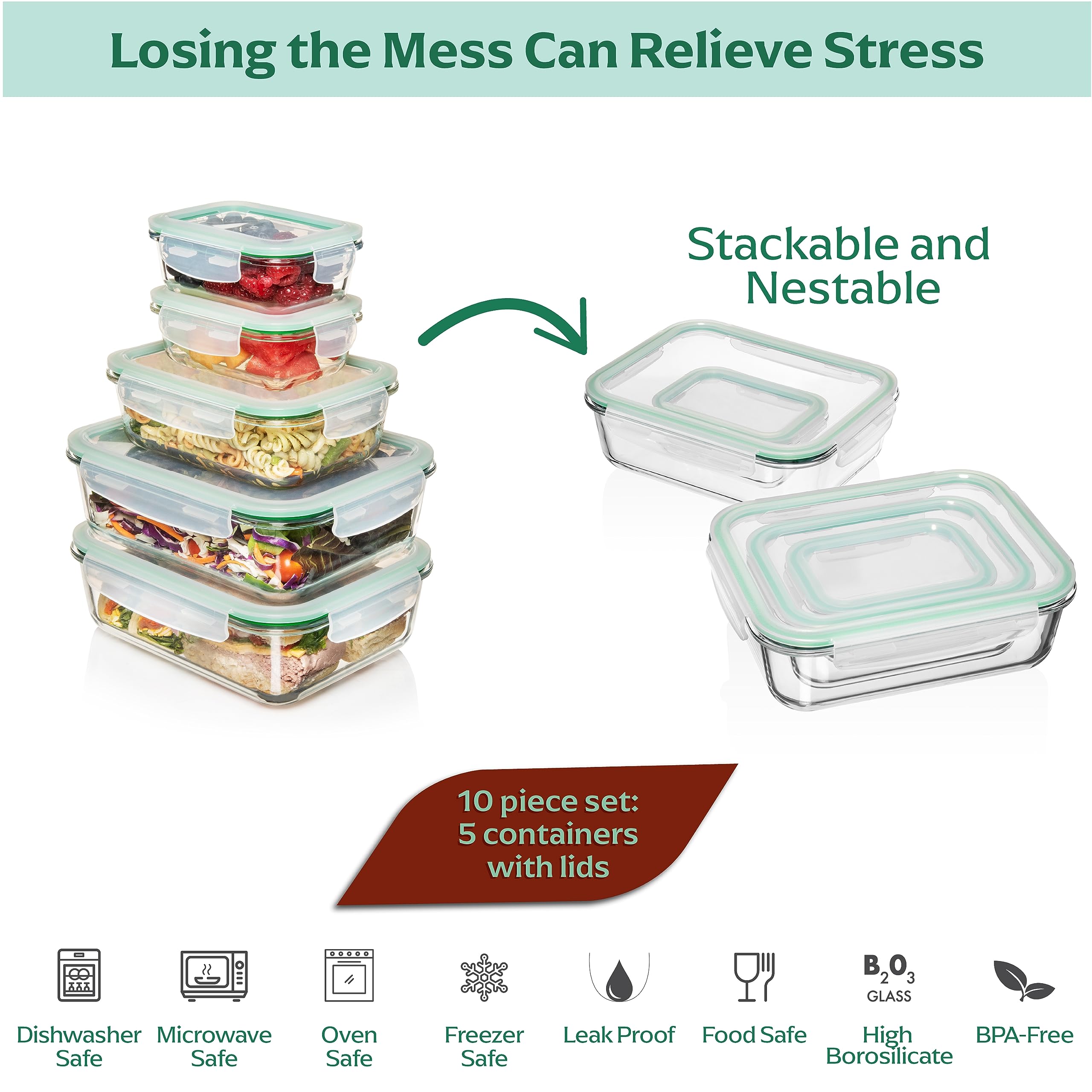 Fusion Gourmet Family Pack - Glass Storage Containers - Airtight 5 Pack