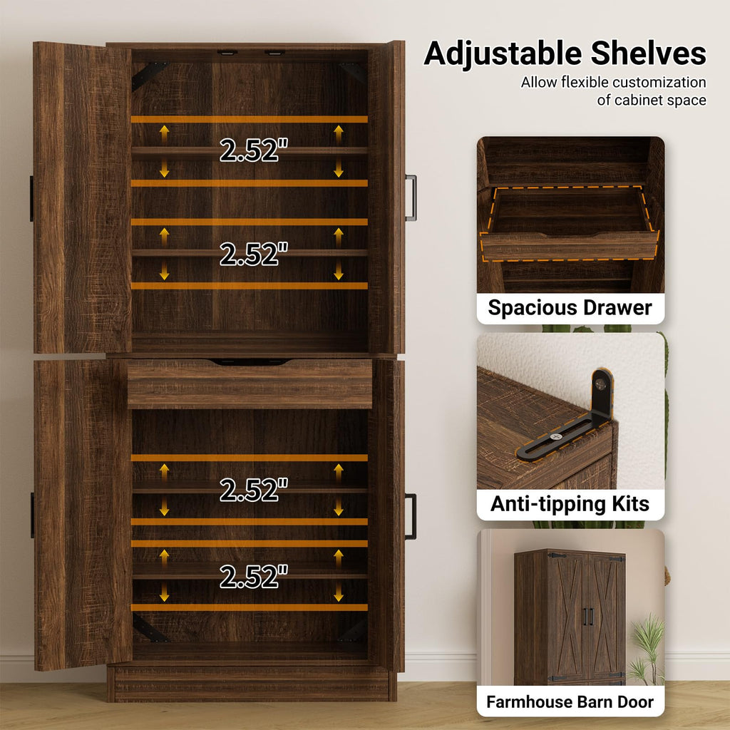 Unikito 71" Tall Kitchen Pantry Cabinet with Farmhouse Barn Doors and Storage Drawer, 8 Adjustable Shelves, Freestanding Cupboard for Dining Room, Living Room, Utility Room, Weathered Brown 2 Pack