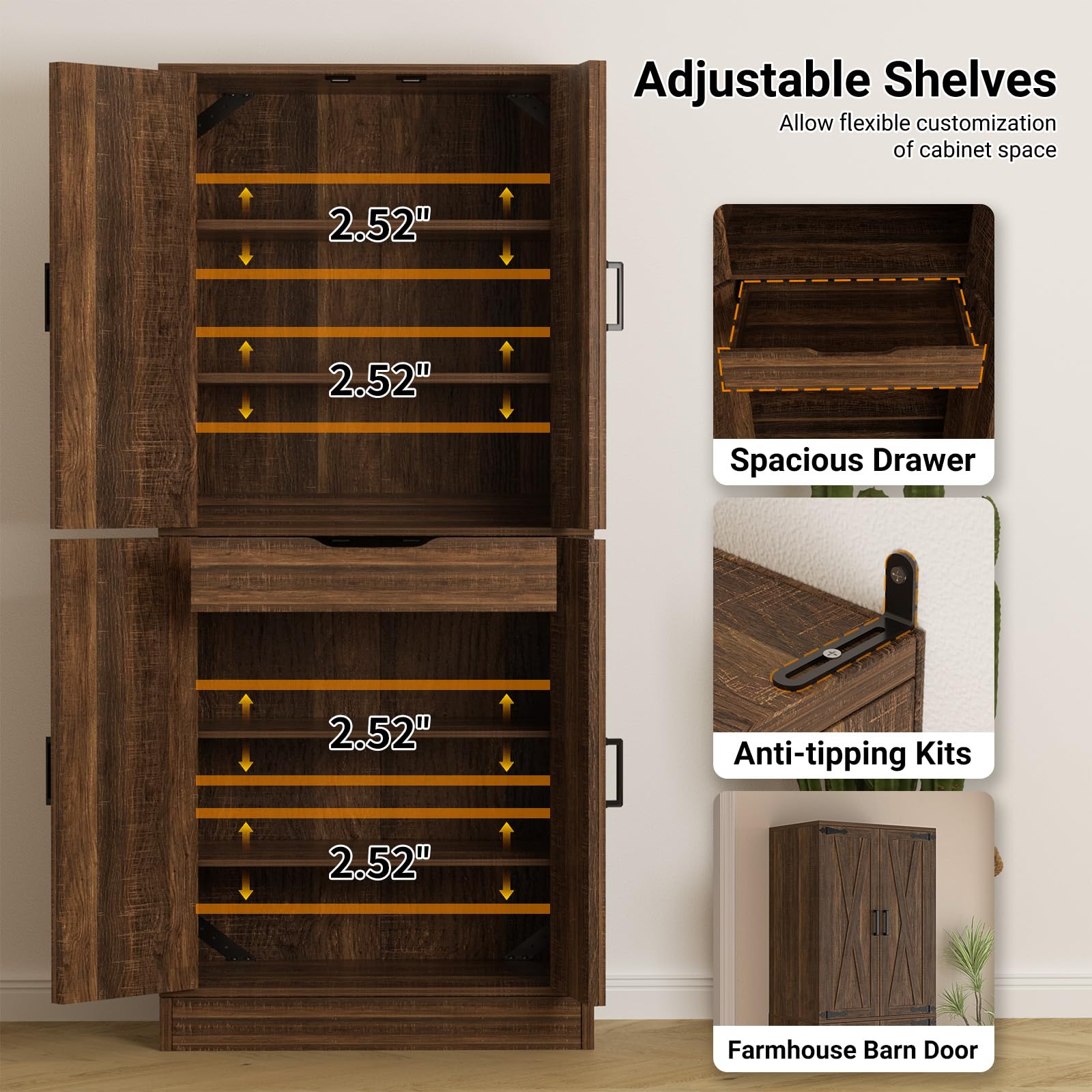 Unikito 71" Tall Kitchen Pantry Cabinet with Farmhouse Barn Doors and Storage Drawer, 8 Adjustable Shelves, Freestanding Cupboard for Dining Room, Living Room, Utility Room, Weathered Brown 2 Pack