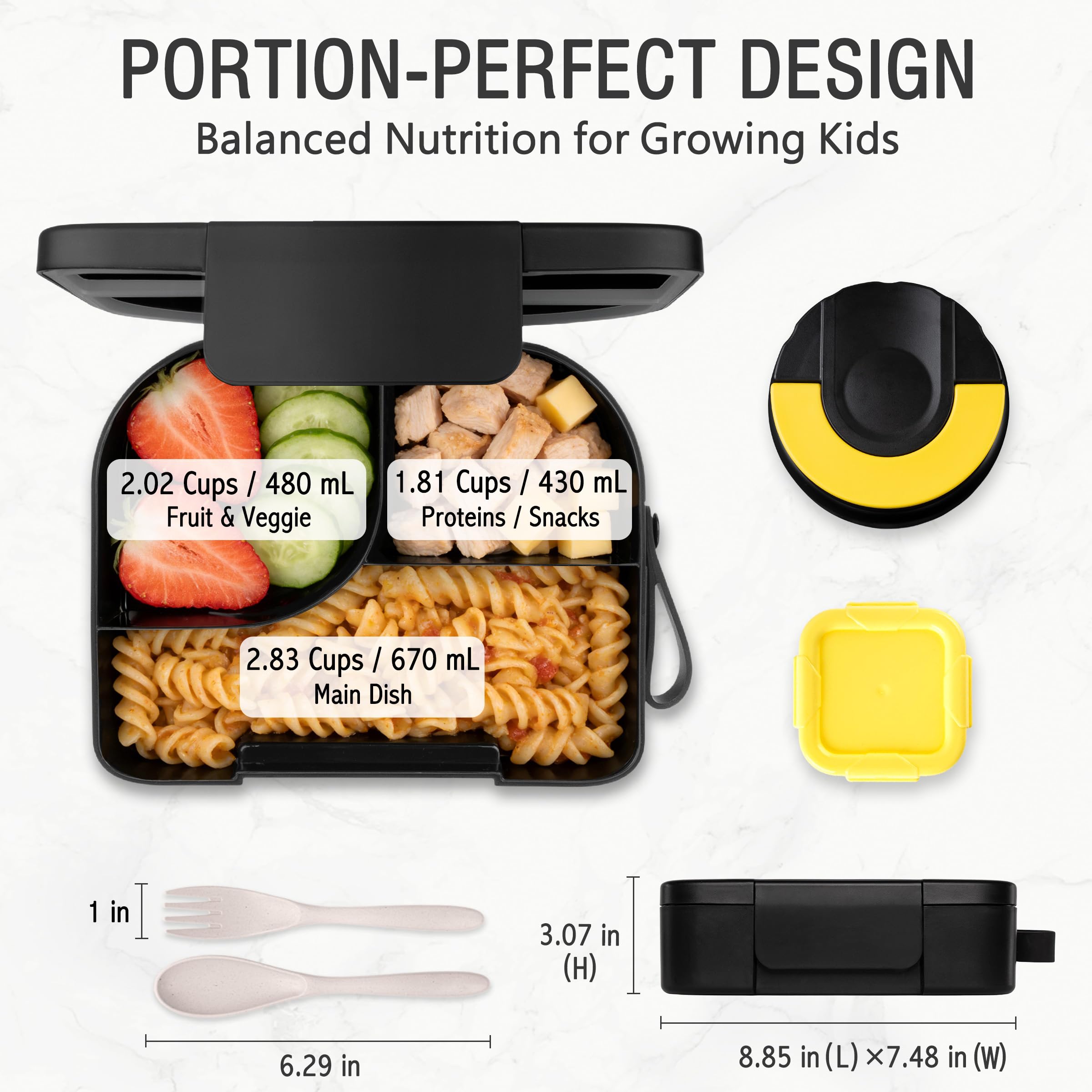Lunch Box with Thermo Jar, Large-Capacity 3-Compartment Bento Box, Black