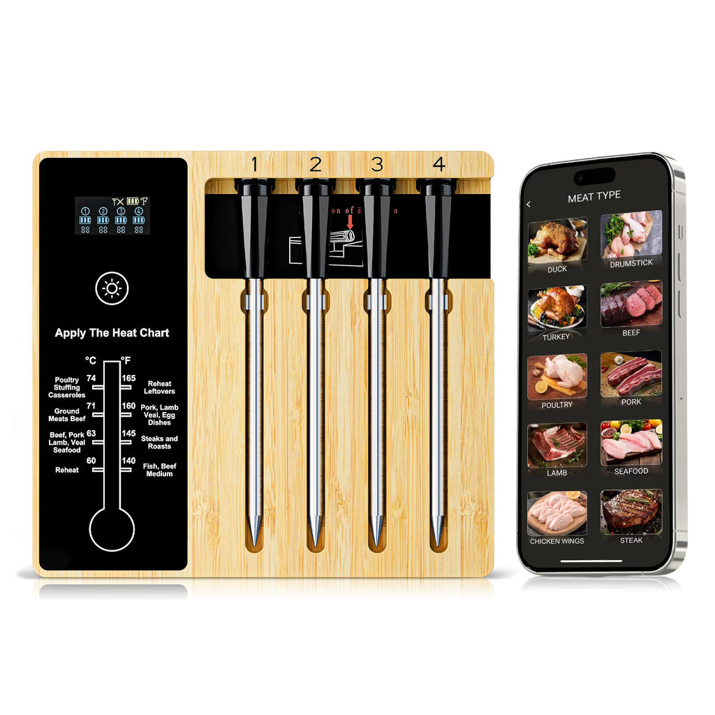 Smart Wireless Meat Thermometer 4 Probes, Bluetooth Food Thermometer, Remote Tracking and Real-Time Readings from Apps, for iOS and Android, for BBQ, Grill, Smoker