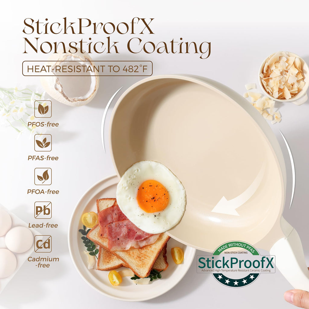 PRICUSIS Nonstick Ceramic Frying Pan, 8/10 Inch Skillet with Stay Cool Handle, Fully Coated, Induction Compatible, 100% Dishwasher Safe, PTFE PFAS & PFOA Free（10 Inch, Coconut White）