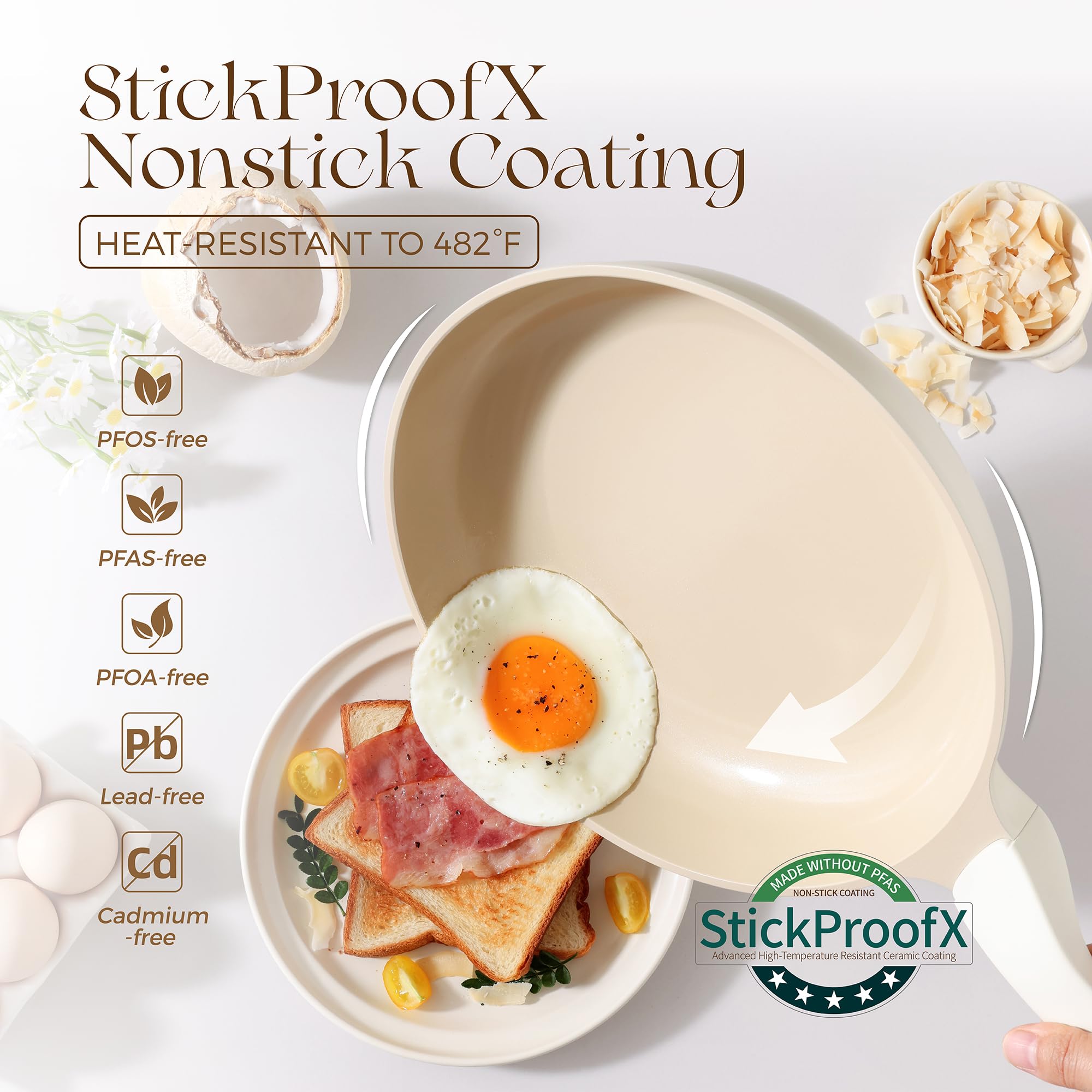 PRICUSIS Nonstick Ceramic Frying Pan, 8/10 Inch Skillet with Stay Cool Handle, Fully Coated, Induction Compatible, 100% Dishwasher Safe, PTFE PFAS & PFOA Free（10 Inch, Coconut White）