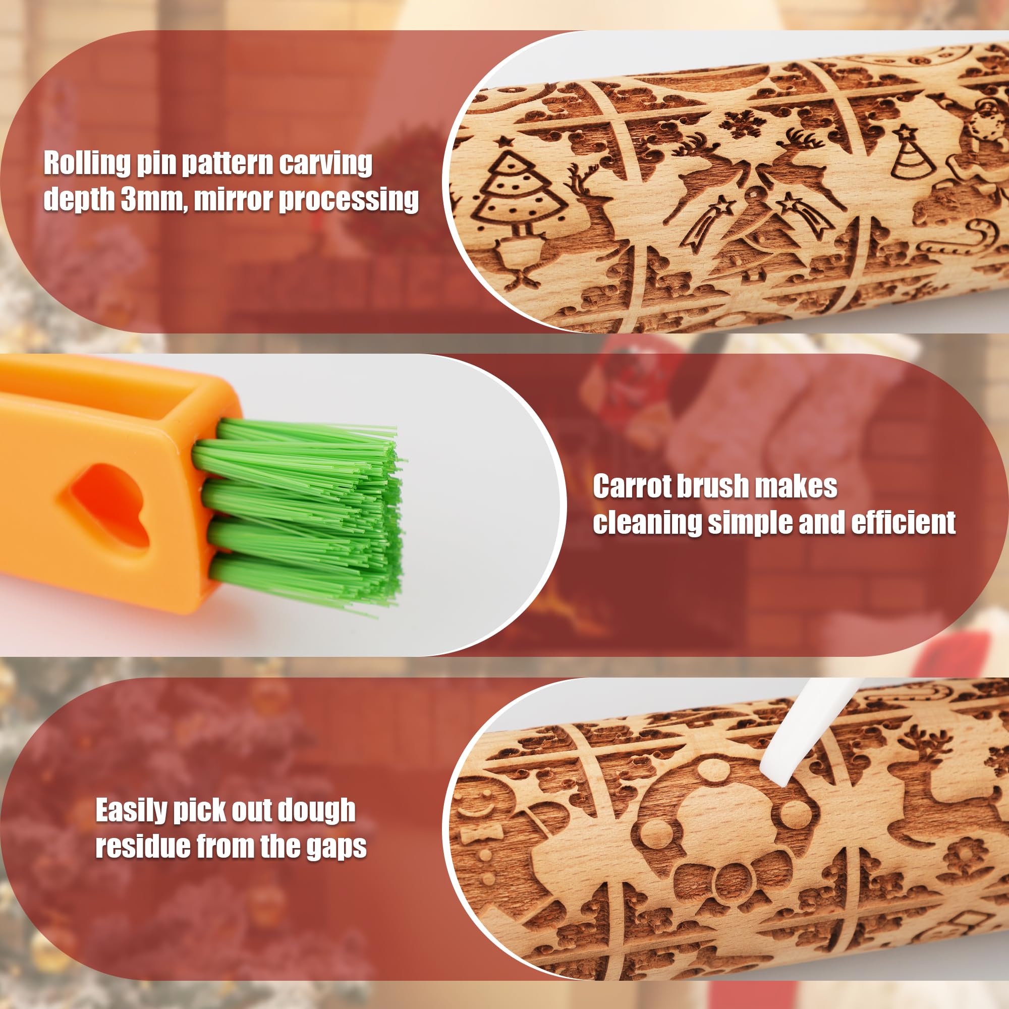 XINBADA 17" Wooden Rolling Pins for Baking with Stamp Embossed Designs