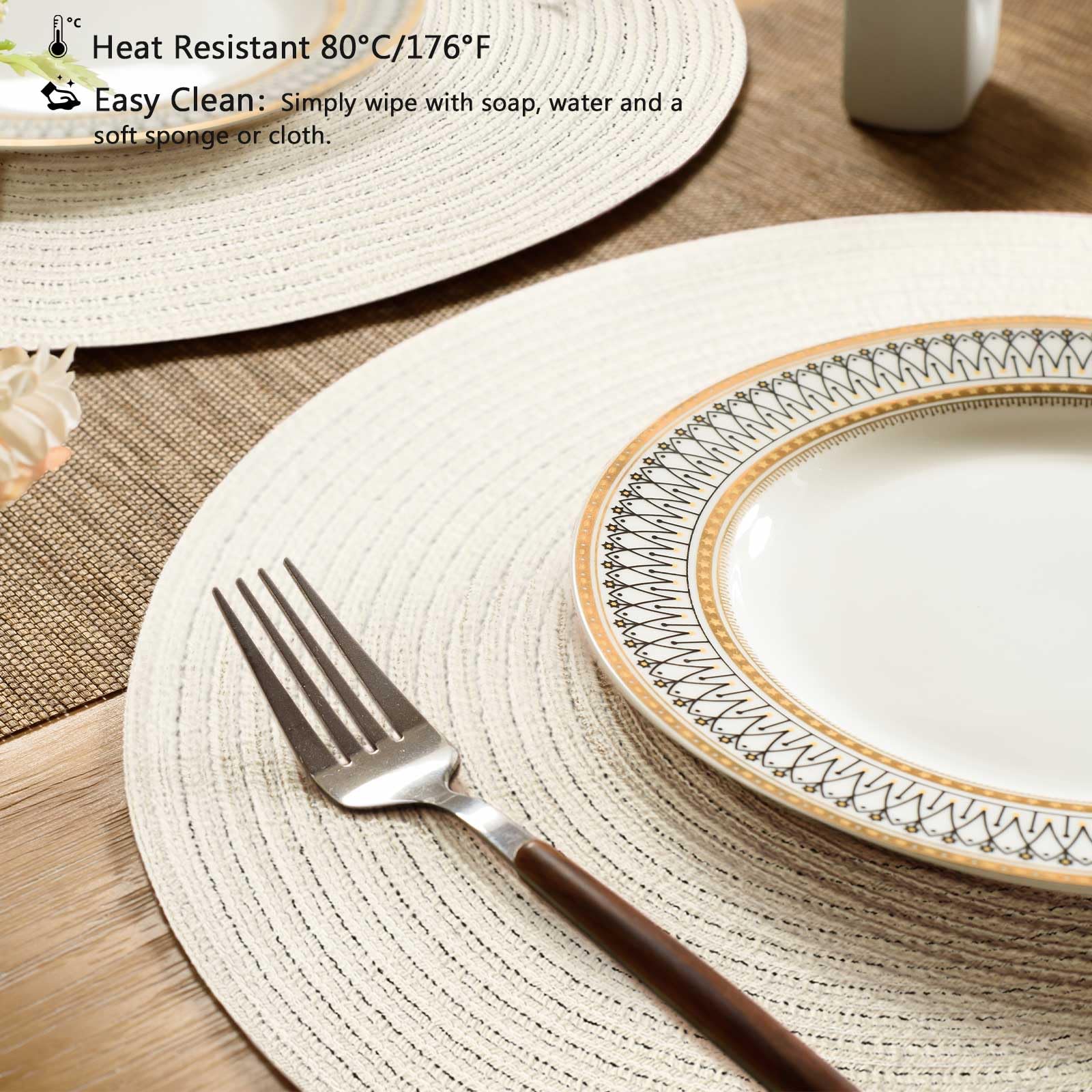 FunWheat Round Braided Placemats Set of 6 Place mats for Dining Tables Woven Heat Resistant Table Mats 15 inch (Ivory,6pcs)