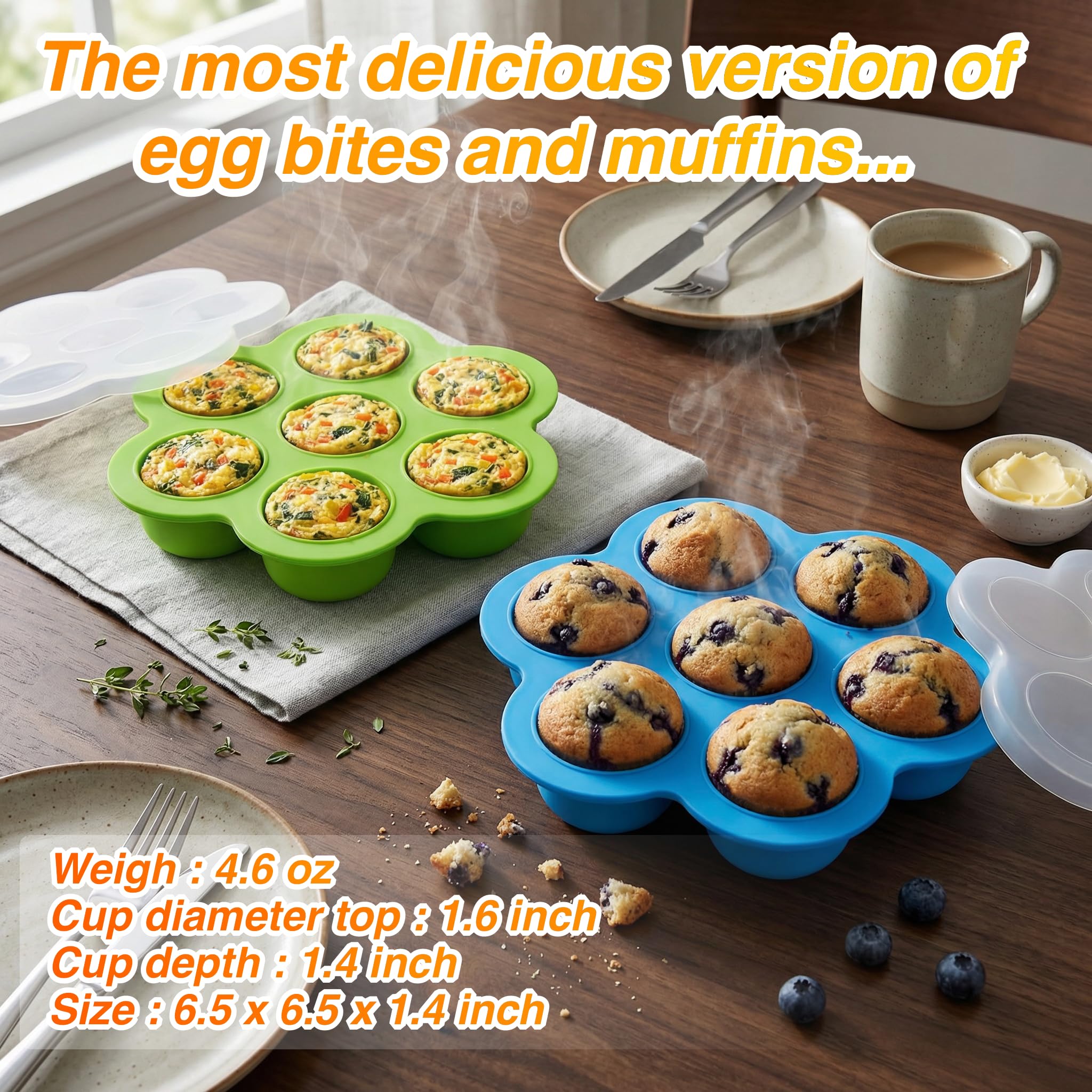 GOKCEN's Silicone Egg Bite Molds [2 Pack] Total 14 Cups Silicone Muffin Pans for Baking - Food Freezer Tray with Lid - Reusable Storage Container (Blue & Green - Egg Bite Mold)