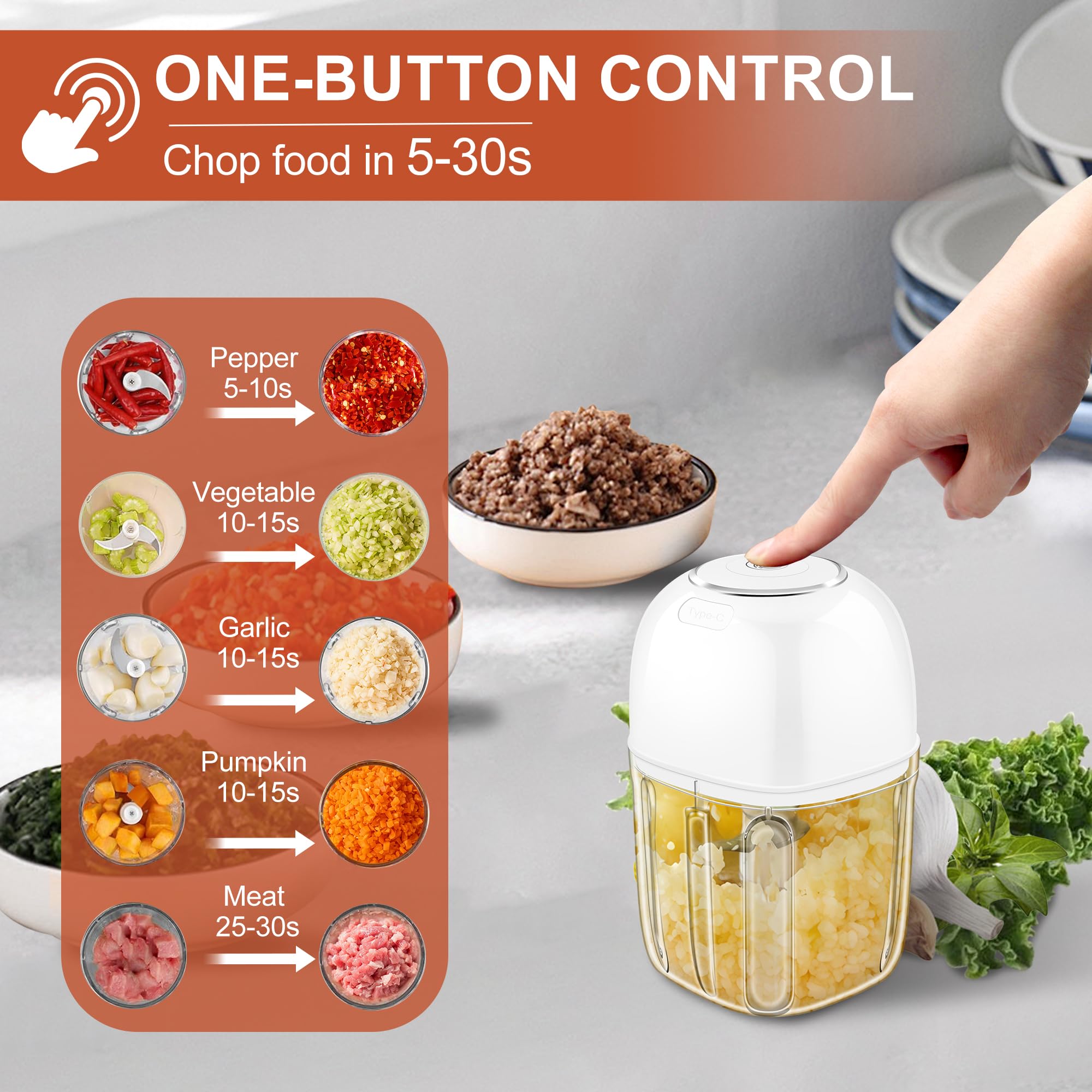 450ML (1.8 Cup) Electric Garlic Chopper, Mini Portable Food Processor