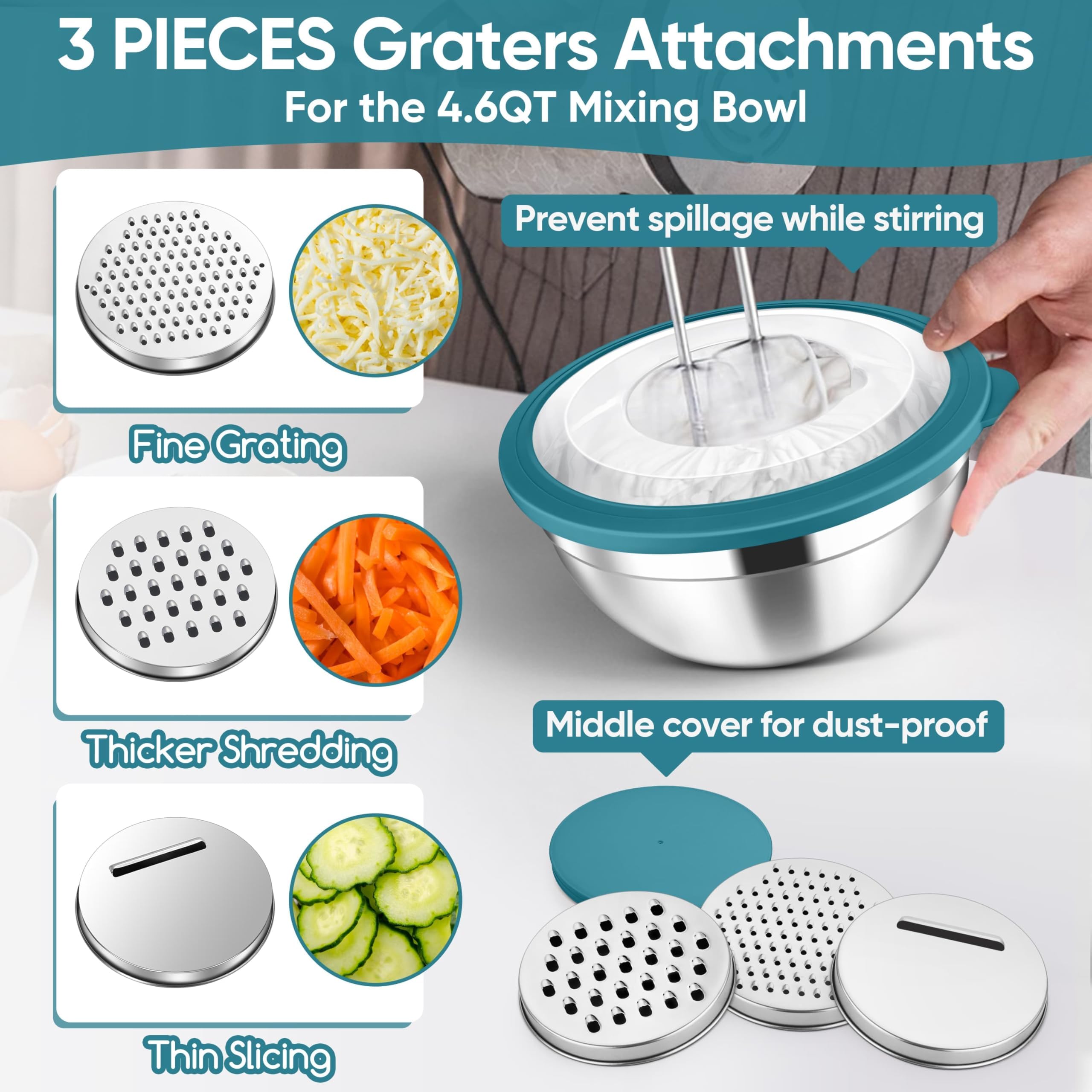 Herogo 5-Piece Mixing Bowls with Airtight Clear Lids, 3 Grater Attachments, Stainless Steel Large Bowls of 5 for Kitchen, Size 4.6, 3.5, 2.5, 2, 1.5QT Ideal for Mixing and Serving, Blue