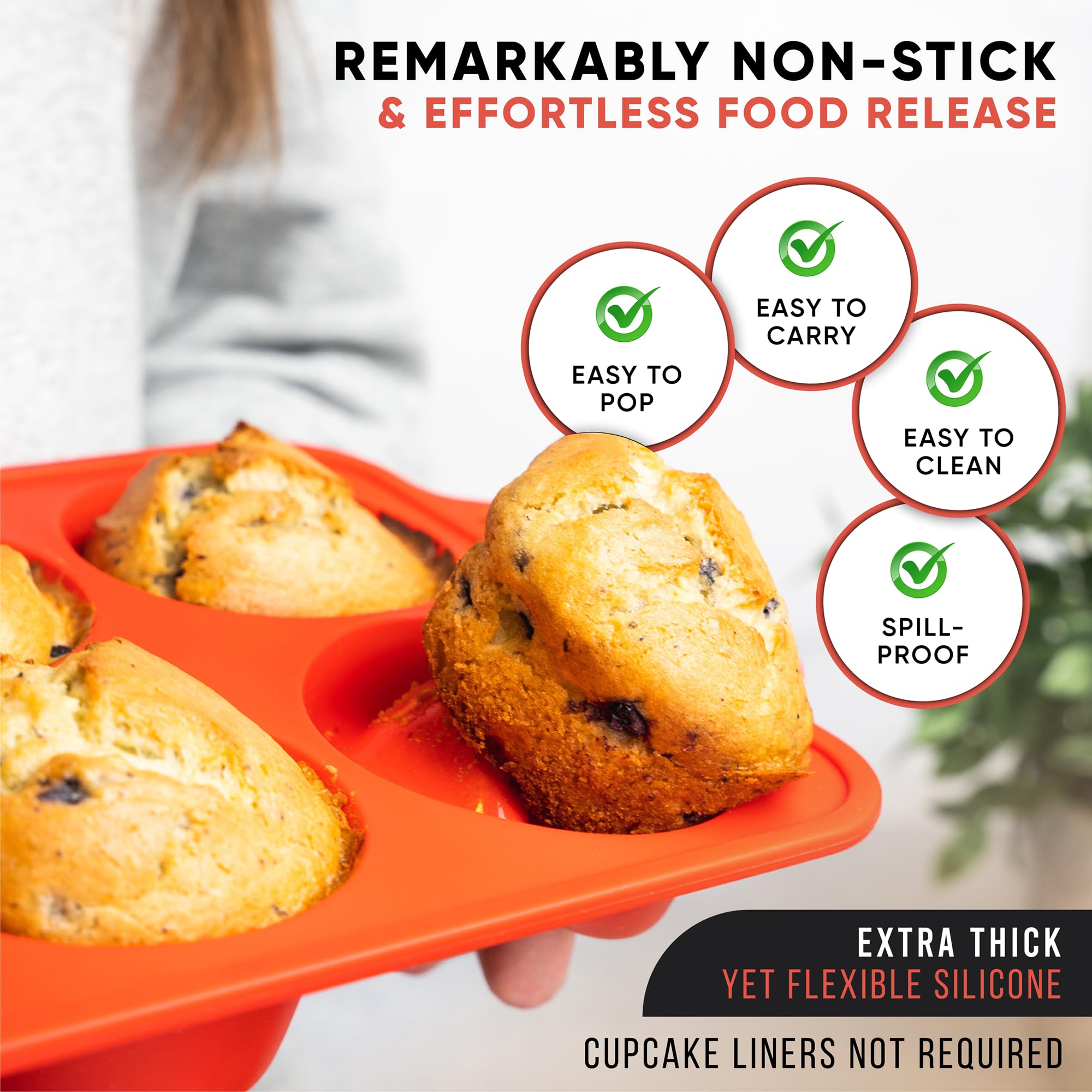 BAKE BOSS Silicone Jumbo Muffin Pan, 6 Cup Nonstick Cupcake Pan, BPA-Free