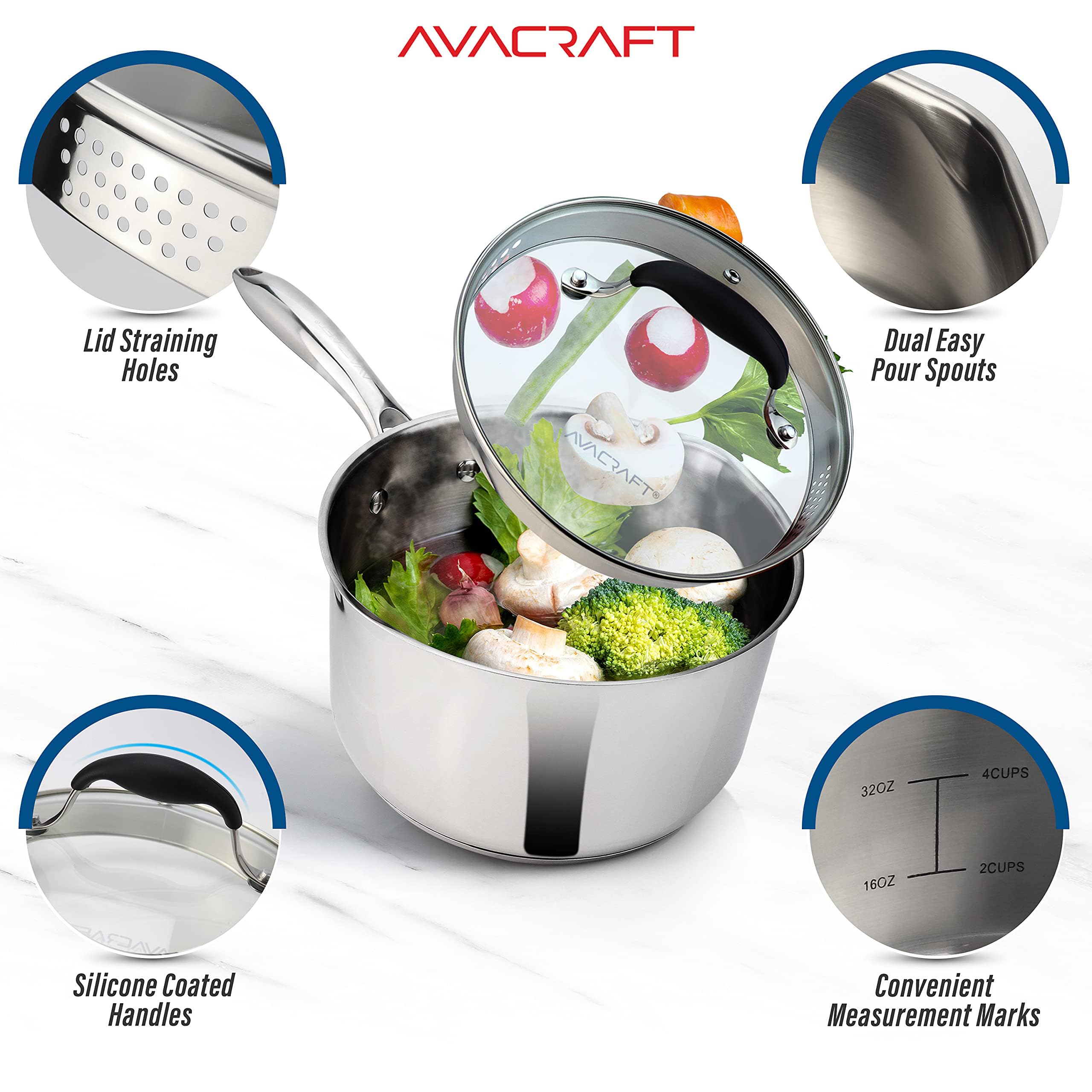 AVACRAFT Stainless Steel Saucepan with Glass Strainer Lid, Two Side Spouts for Easy Pour with Ergonomic Handle, Multipurpose Sauce Pot (5-Ply Capsule Bottom, 1.5 Quart)