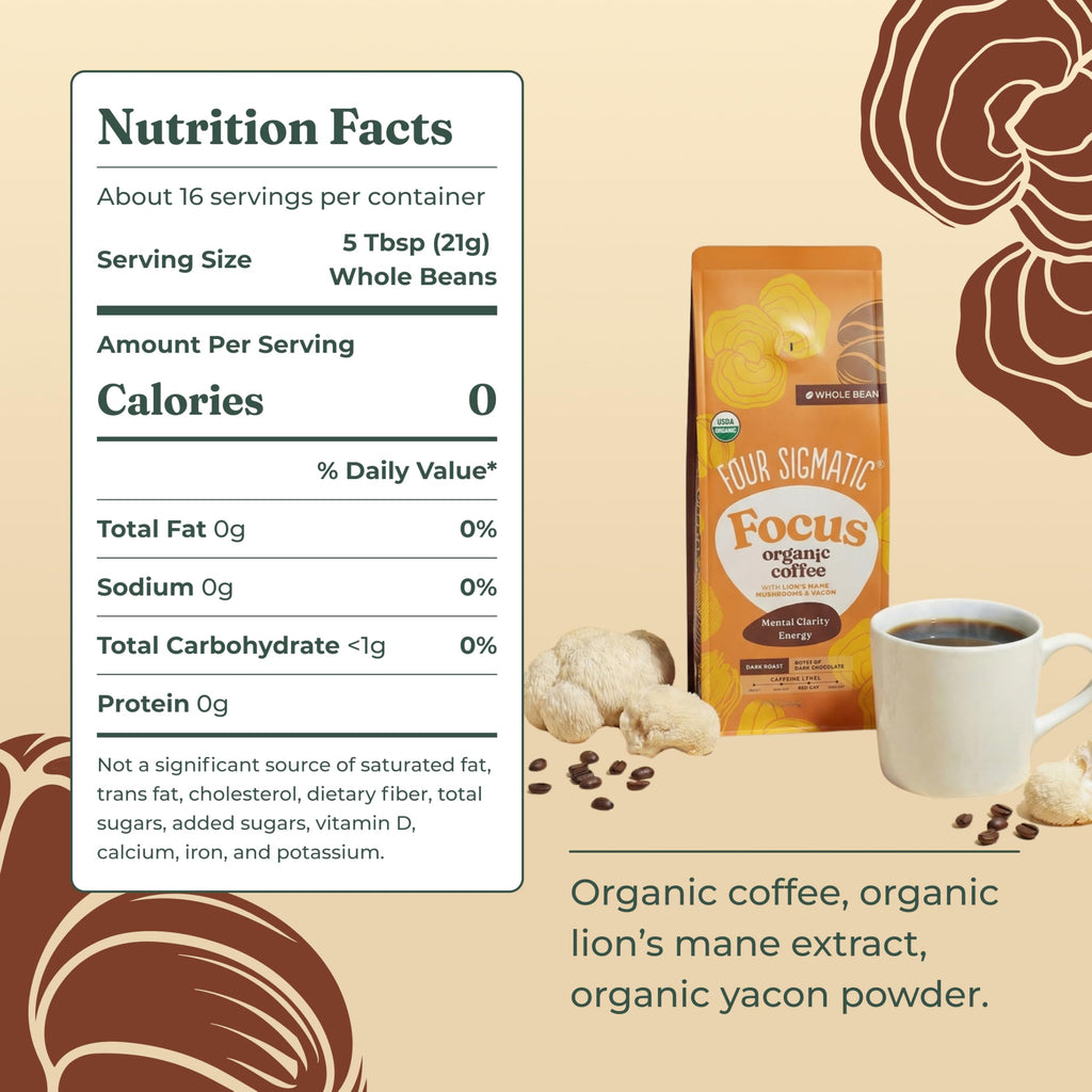 Four Sigmatic Dark Roast Organic Whole Bean Coffee | Gourmet Nootropic Mushroom Coffee Beans with Lion's Mane & Chaga Mushrooms for Enhanced Brain Function and Immune Support | 12oz