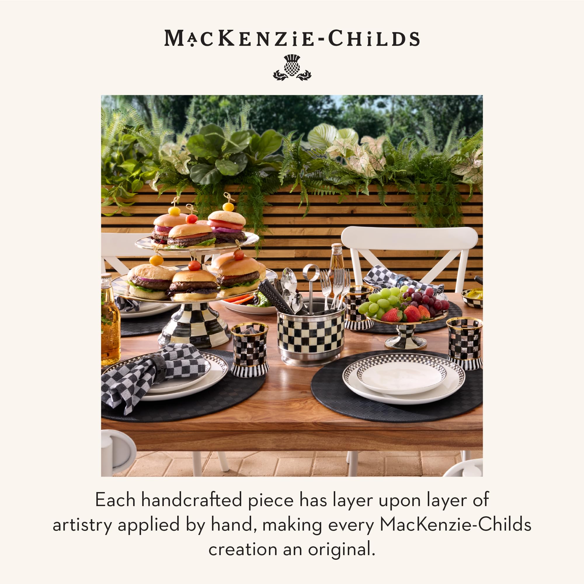 MACKENZIE-CHILDS Pedestal Platter, Small, Black-and-White Courtly Check
