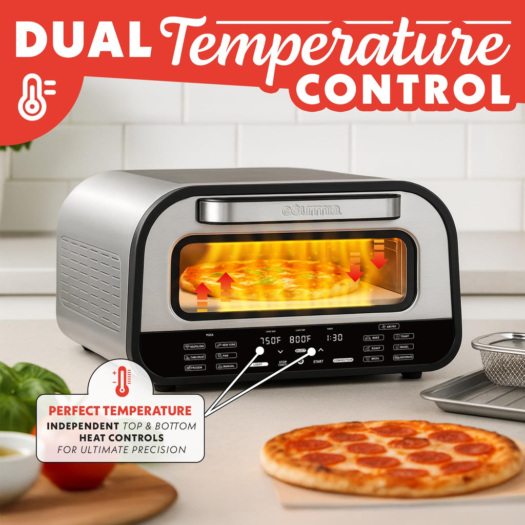 Gourmia Electric Indoor Pizza Oven – Countertop Air Fryer Toaster Oven Combo with 6 Pizza Presets, 7 Cooking Functions, Air Fry, Broil & Bake, Includes Cordierite Pizza Stone, Stainless Steel