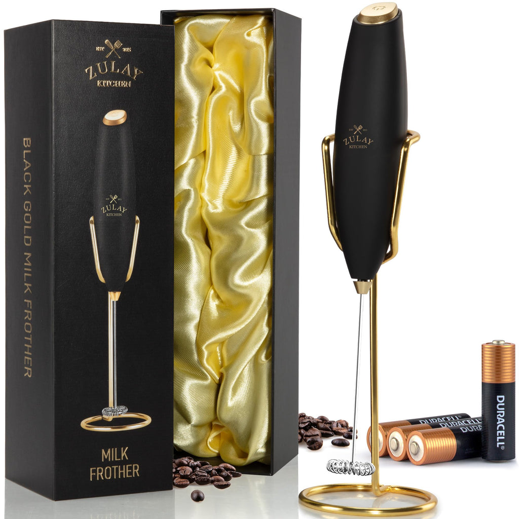 Zulay Kitchen Powerful Milk Frother Wand With Duracell Batteries - Ultra Fast Handheld Drink Mixer - Electric Whisk Foam Maker for Coffee, Lattes, Cappuccino & Matcha - Z1 Motor - Exec Black Gold