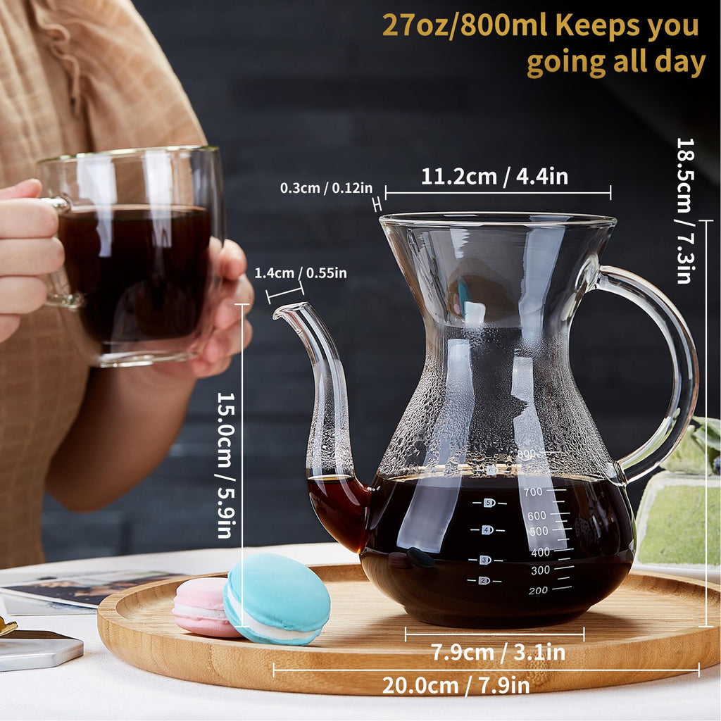 Unbreakable - Pour Over Coffee Maker with Double Stainless Filter 27 fl oz, Thickened Heat-Resistant Borosilicate Glass Pour Over Coffee Dripper, Stovetop Safe