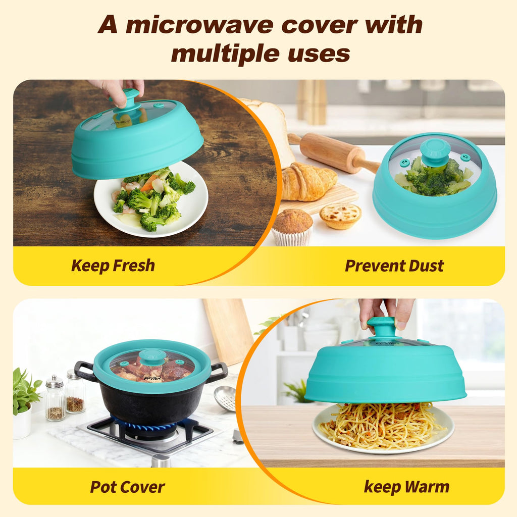 Microwave Splatter Cover, Vented Silicone & Glass Anti-Splatter Lid with Handle, Collapsible Food Plate Cover Fits 6–11 Inch Plates and Bowls (Blue, 9inch)
