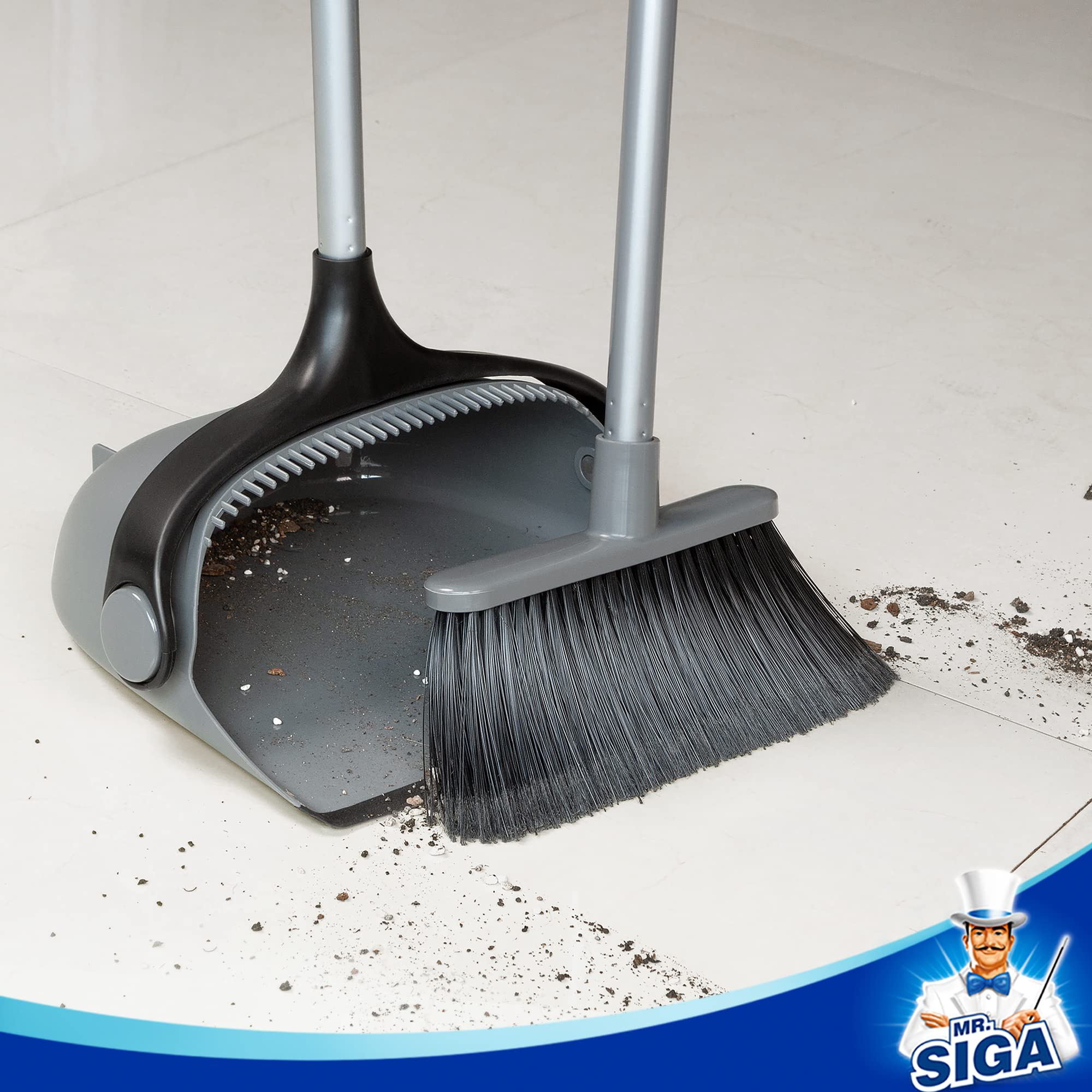 MR.SIGA Broom and Dustpan Set with Adjustable Long Handle, Gray