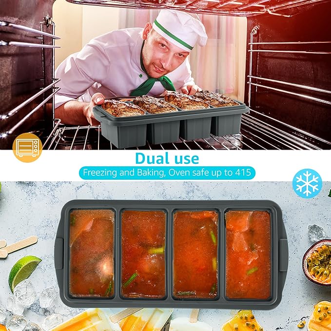 Silicone Freezer Tray With Lid - Silicone Freezer Food Molds- Large Ice Cube Tray,Silicone Freezer Container,Freeze & Store Soup, Sauce, Broth,Leftovers - Makes 4 Perfect 1 Cup