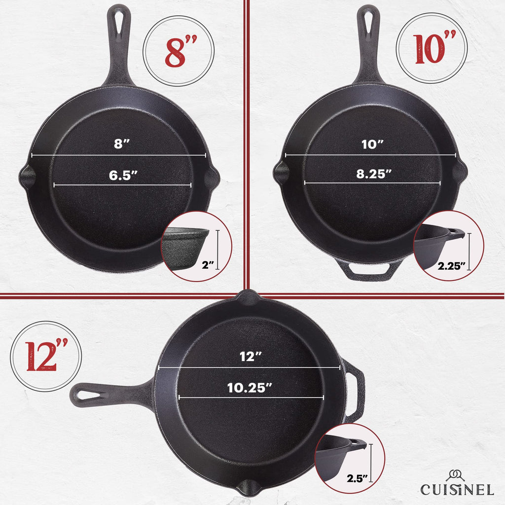 Cuisinel Cast Iron Skillets Set with Lids - 8"+10"+12"-inch Pre-Seasoned Covered Frying Pan Set + Silicone Handle and Lid Holders + Scraper/Cleaner - Indoor/Outdoor, Oven, Stovetop, Fire Safe Cookware