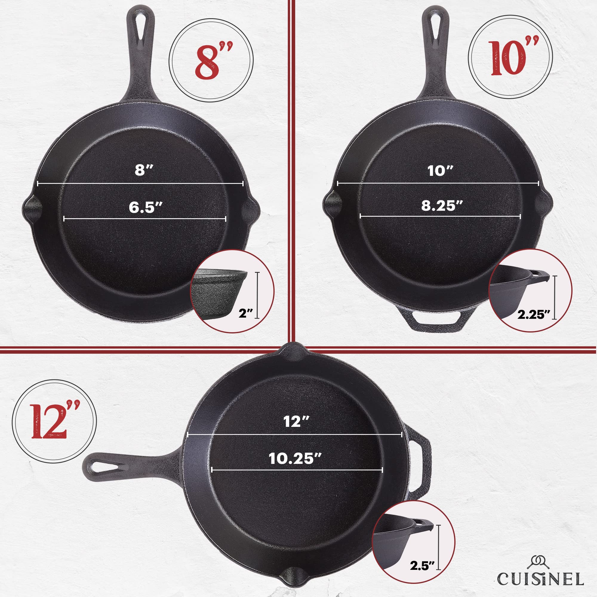 Cuisinel Cast Iron Skillets Set with Lids - 8"+10"+12"-inch Pre-Seasoned Covered Frying Pan Set + Silicone Handle and Lid Holders + Scraper/Cleaner - Indoor/Outdoor, Oven, Stovetop, Fire Safe Cookware