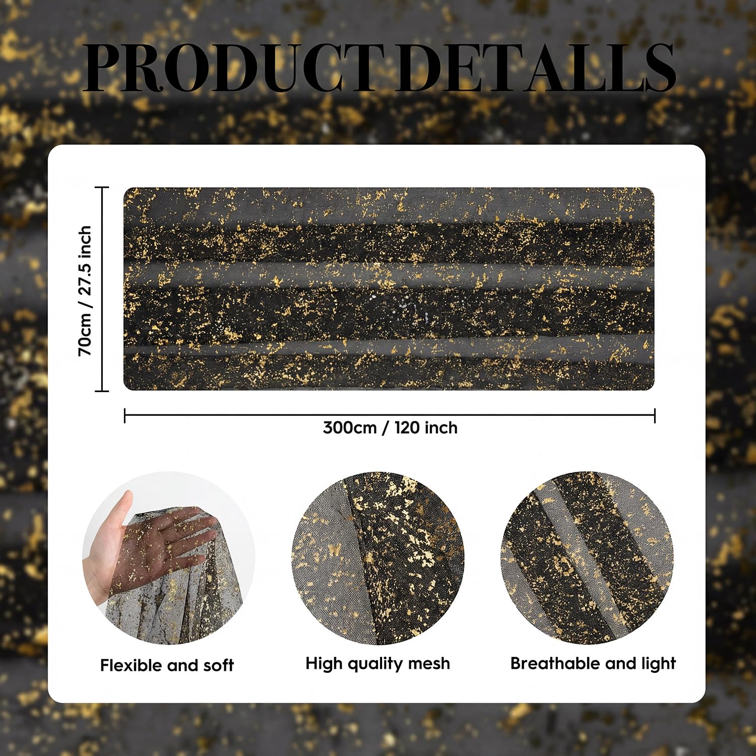 Artoid Mode 6Pcs Black Gold Gauze Table Runner 120 Inch 10FT, Glitter Metallic Foil Sheer Dining Wedding Anniversary Holiday Birthday Table Decor for Home Party