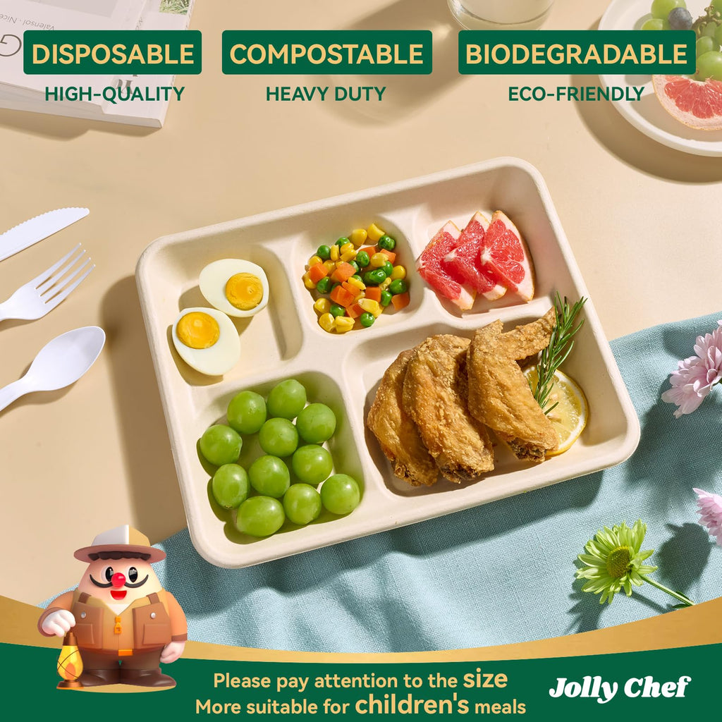 Compostable 5 Compartment 10*8.25*1 Inch 125 Pack Heavy Duty Paper Plates