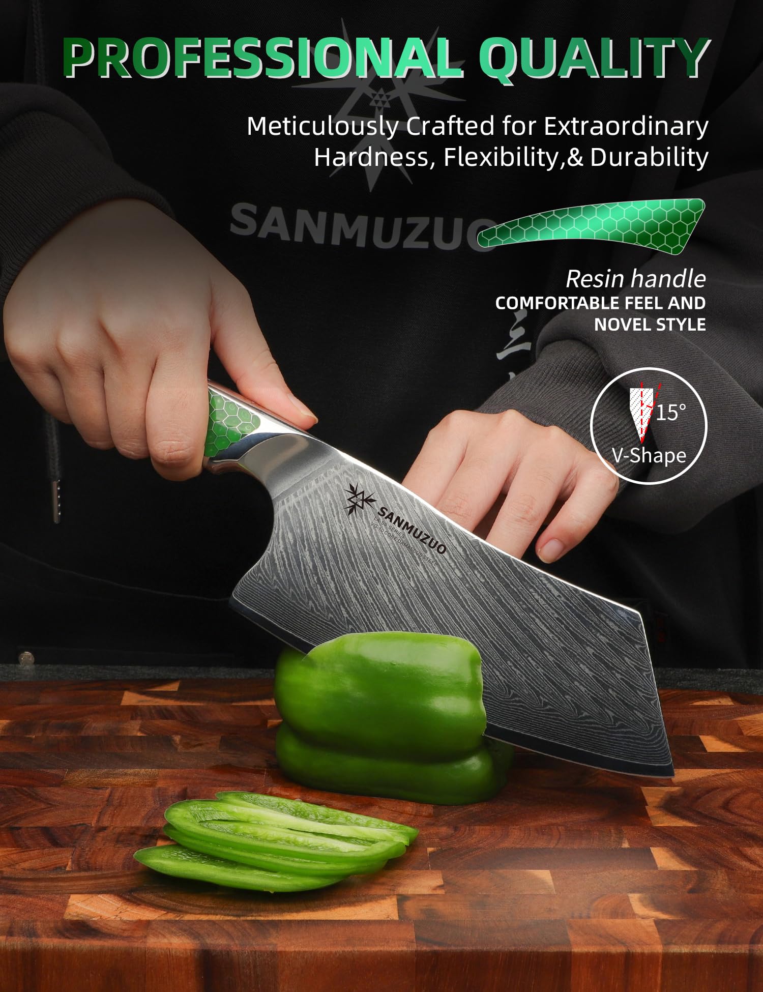 SANMUZUO 7 inch Nakiri Knife, Japanese VG-10 Damascus Steel Meat Cleaver, Ultra Sharp Vegetable Knife with Full-tang Handle in Green Resin, LA-S9 Series